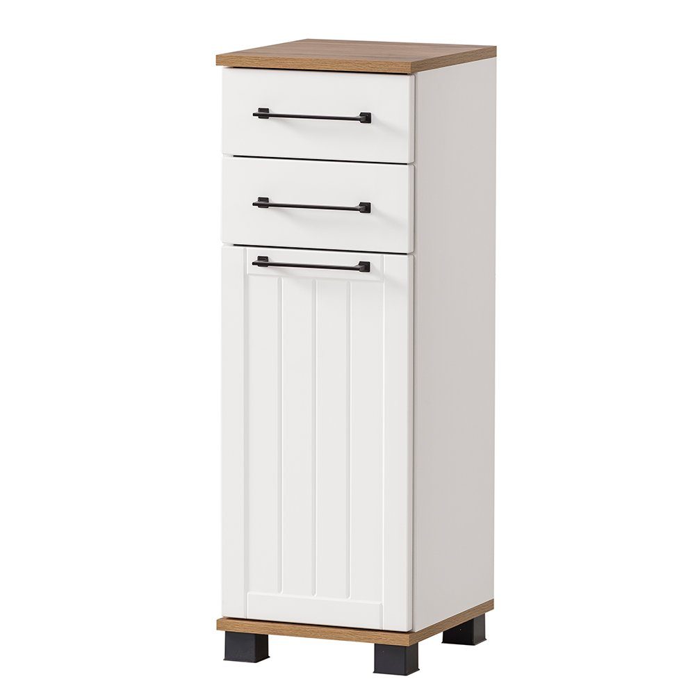 Lomadox Badkommode JAUSA-80, Badmöbel im Landhaus-Stil, matt weiß mit Eiche Nb., 30,3/88,1/32,6cm