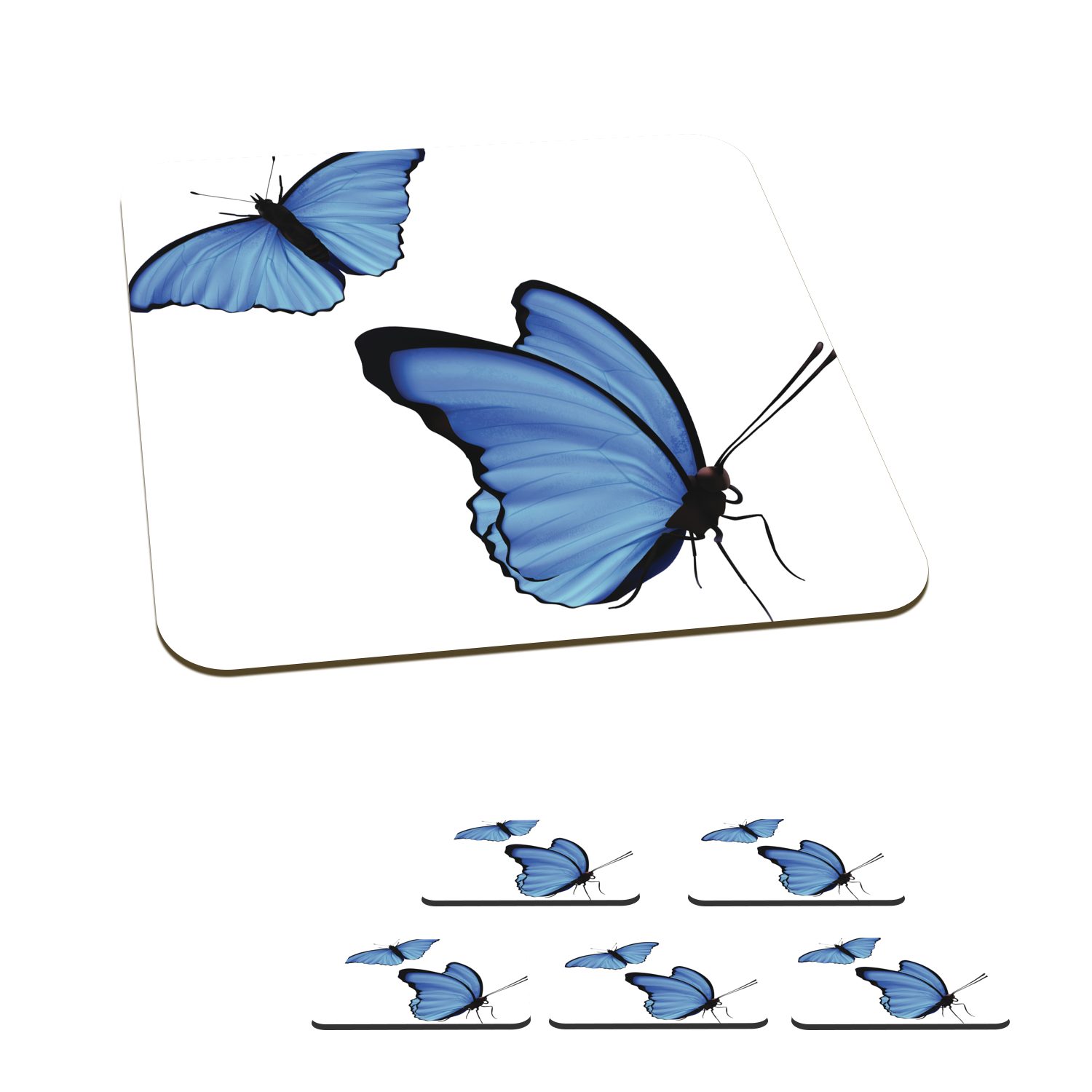 MuchoWow Glasuntersetzer Eine Illustration von zwei blauen Schmetterlingen, Zubehör für Gläser, 6-tlg., Glasuntersetzer, Tischuntersetzer, Korkuntersetzer, Untersetzer, Tasse