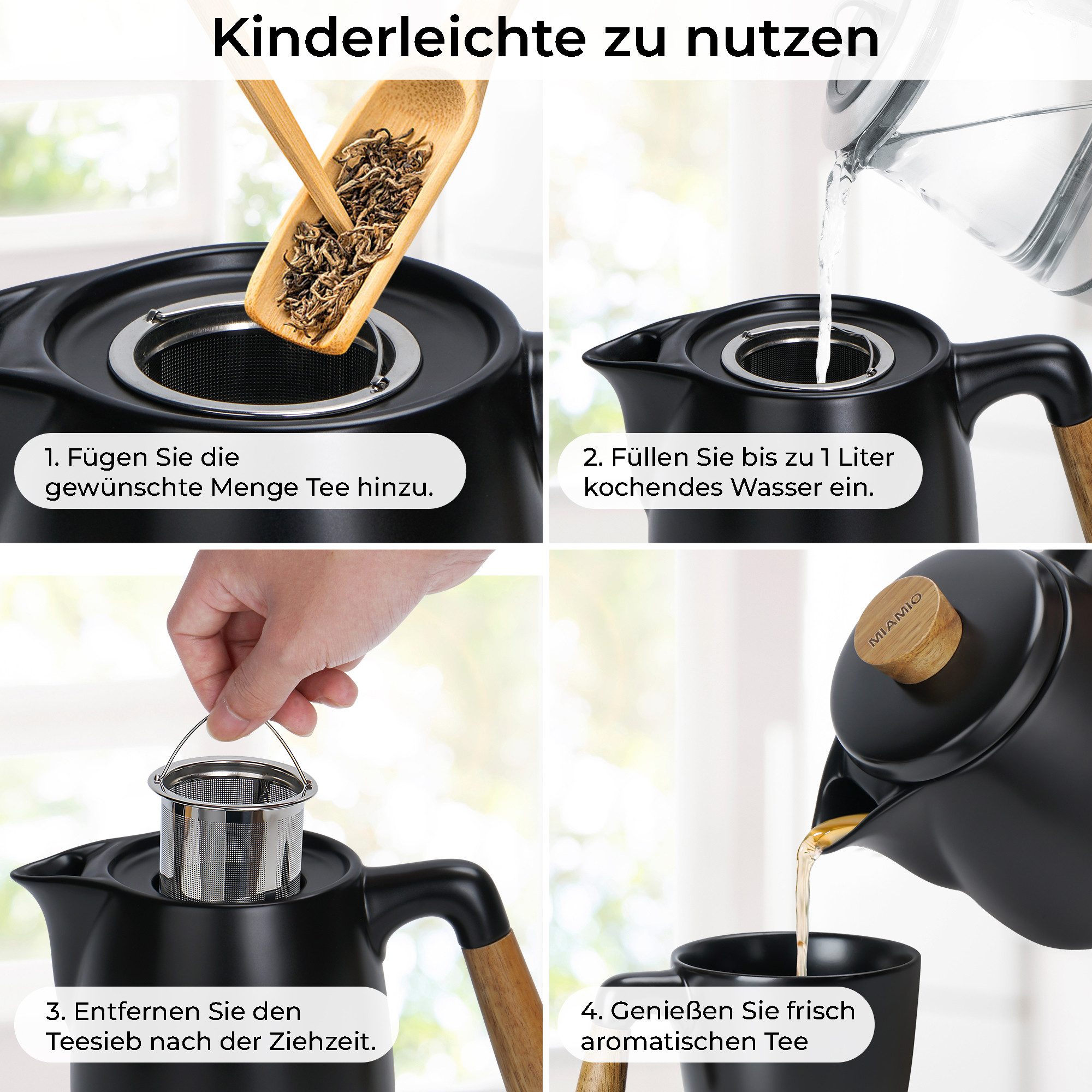 MiaMio Teeservice Teekanne mit Stövchen und Siebeinsatz, 1 l, Schwarz (3-tlg), Keramik, mit Stövchen und Siebeinsatz, 1 l – Bild 4 von 5