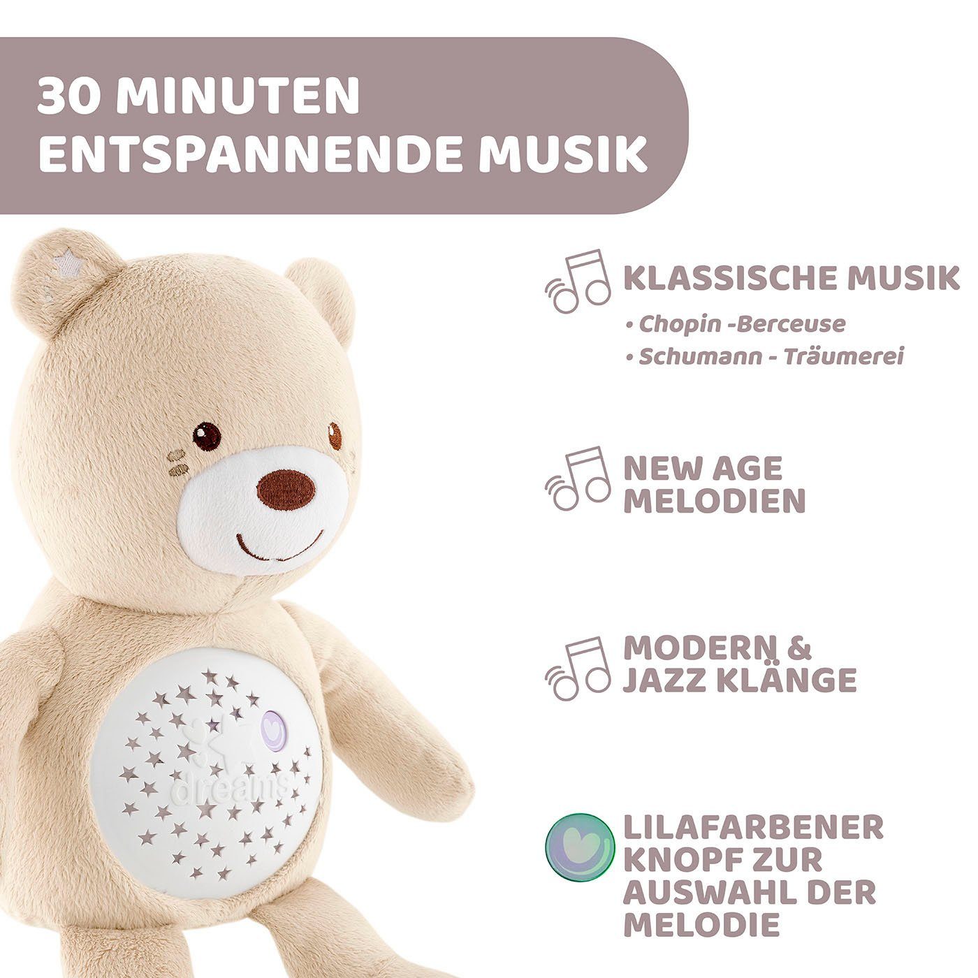 Chicco Kuscheltier First Dreams Baby Bear, Beige, mit Lichtprojektion und Soundfunktion – Bild 2 von 5
