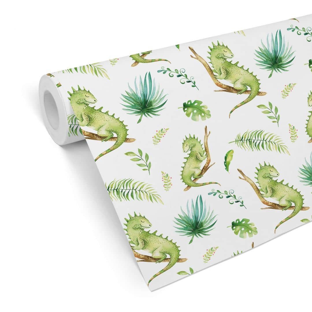 K&L Wall Art Mustertapete Kinderzimmer Vliestapete Leguan Dino Dinosaurier Dschungel Deko Jungen, Eidechse Tapete