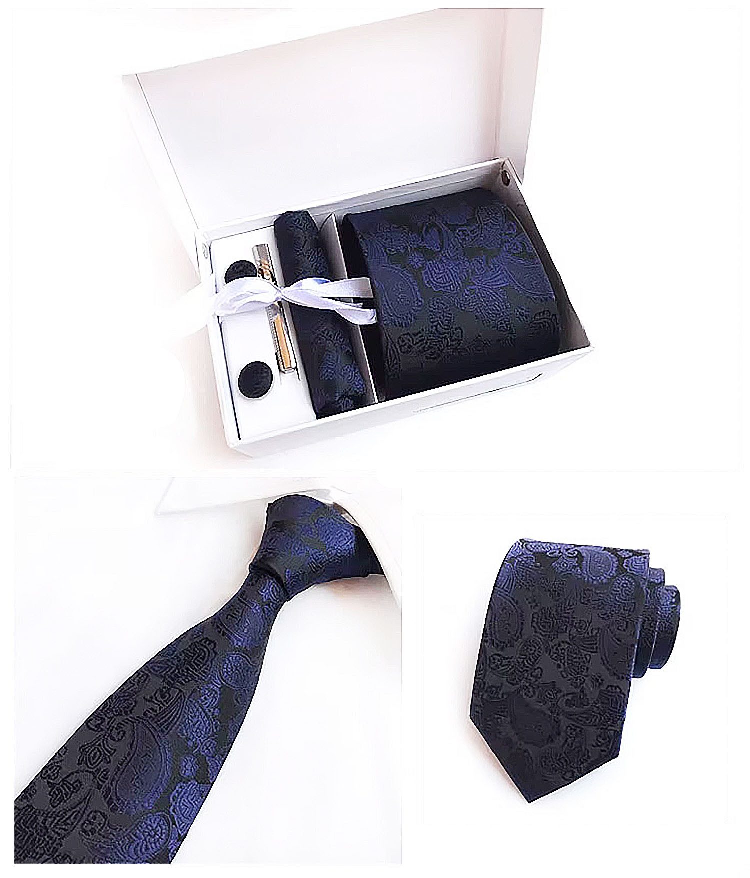 Moschen-Bayern Krawatte Seidenkrawatte Krawatte Herrenkrawatte 100% Seide 4-tlg. Geschenkbox Set-4tlg. - Krawatte + Einstecktuch + Manschettenknöpfe + Nadel