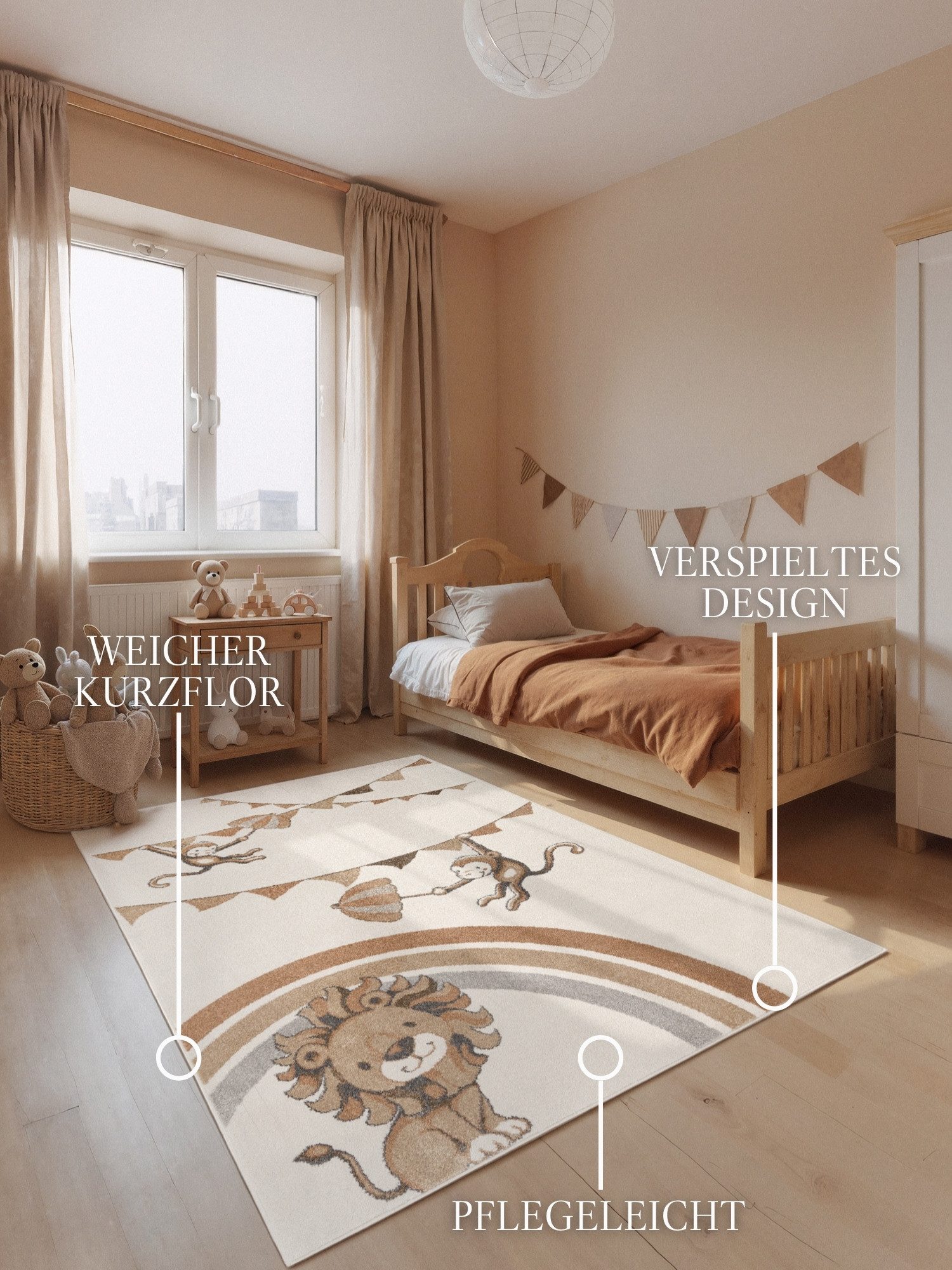 Villeroy & Boch Kinderteppich Roar like a Lion Rainbow Party Teppich, rechteckig, Höhe: 9 mm, Spielteppich weich, Kinderzimmer, Boho Kids Spielunterlage, Tieremotiv