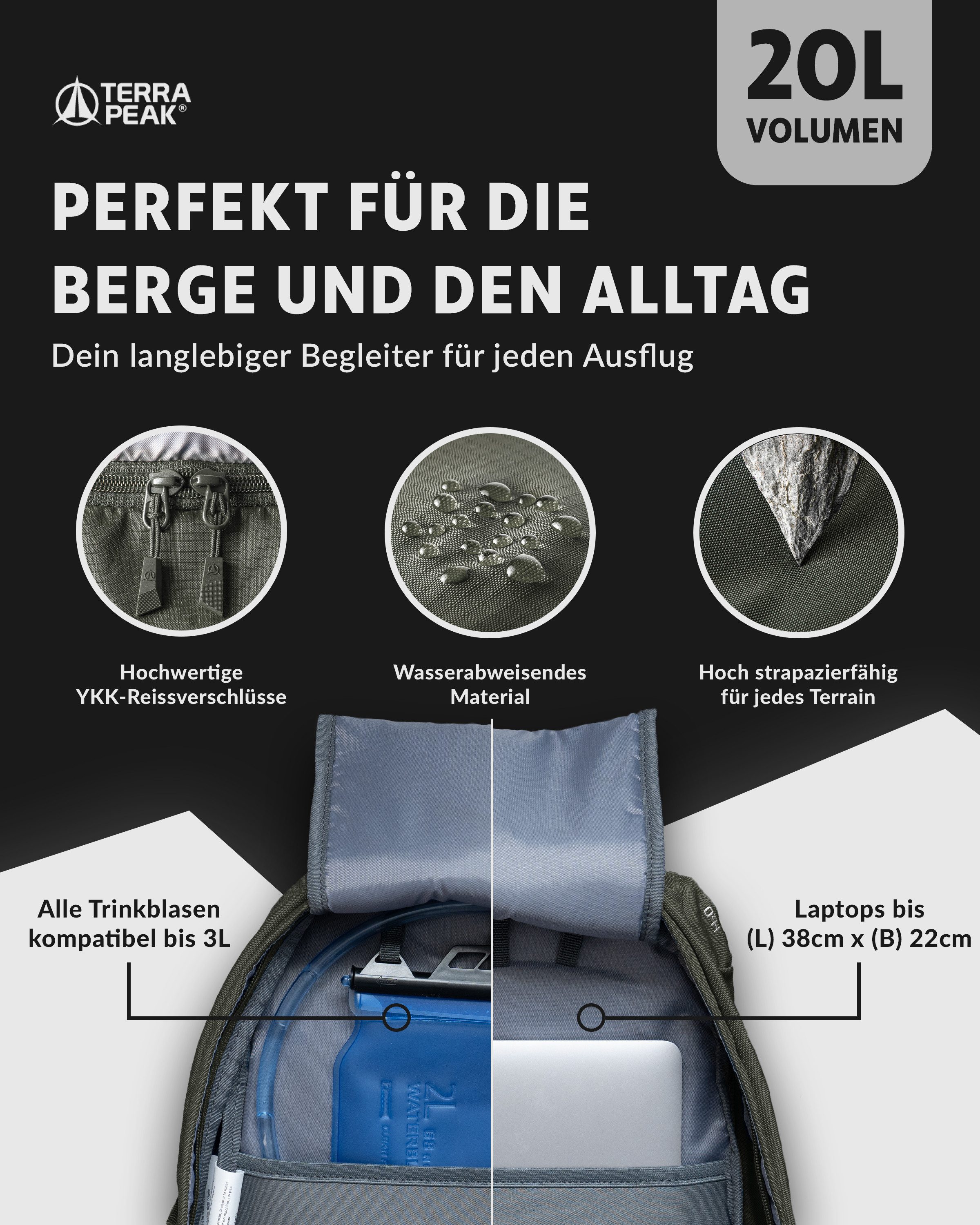 Terra Peak Wanderrucksack Flex 20, 20L klein mit YKK Reißverschluss Trekkingrucksack mit Hüftgurt