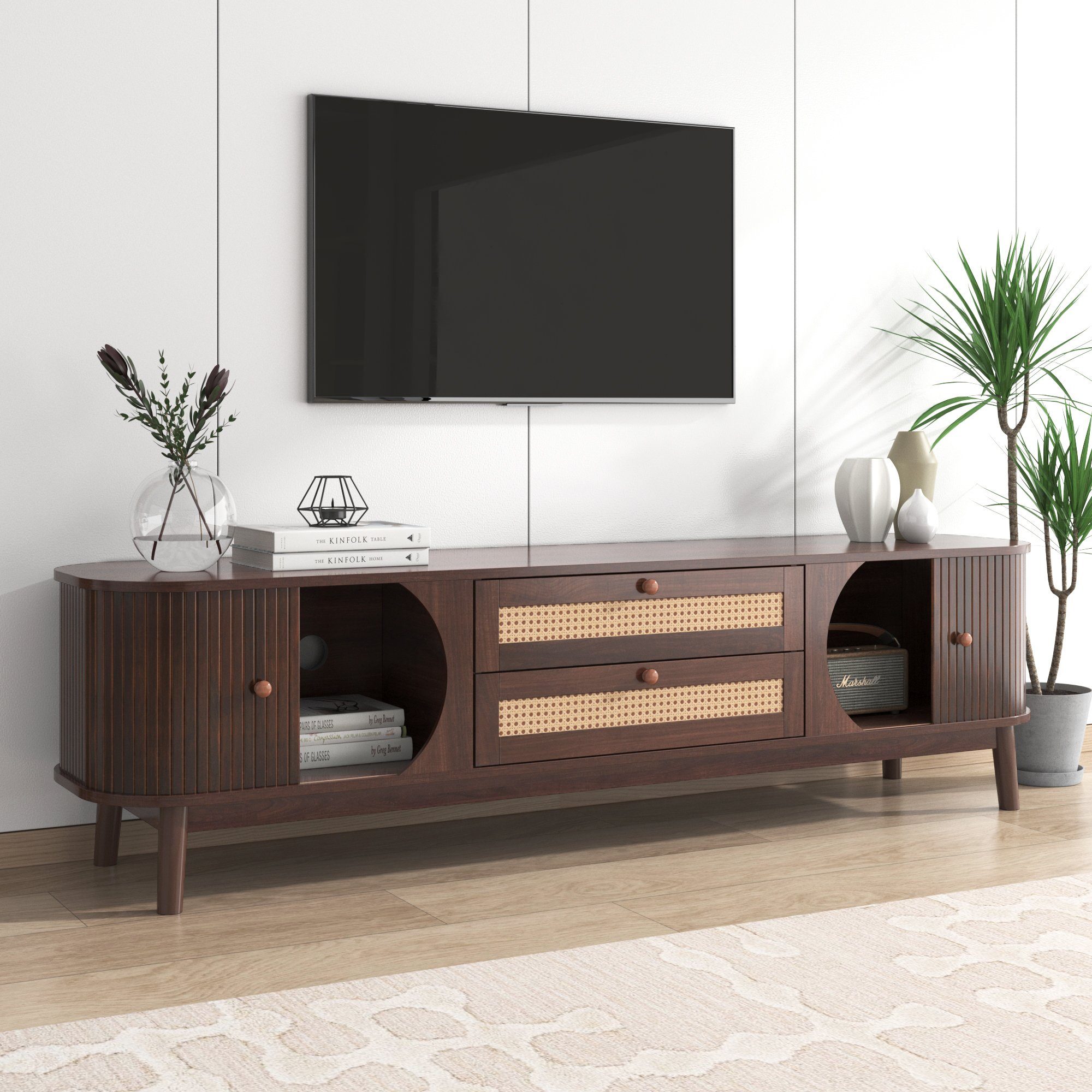 Celya TV-Schrank TV Board mit Türen und Schubladen, TV-Ständer mit Rattanseiten TV-Lowboard mit zwei Schiebetüren