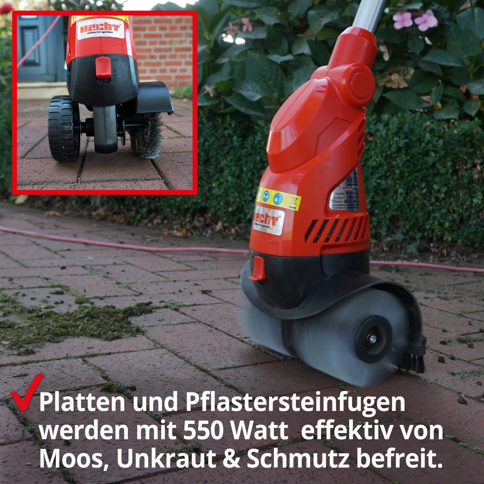 Hecht Elektro-Fugenbürste 550W Nylon Metall Bürste, 1 cm Arbeitsbreite, 10 cm Bürstendurchmesser, Teleskopstab, 2in1