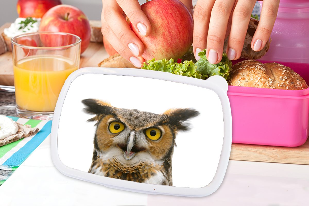 MuchoWow Brotdose für Lunchbox - Kunststoff, Kunststoff Mädchen, (2-tlg), Snackbox, Erwachsene, Kinder, Eule Porträt, rosa Brotbox - Vogel