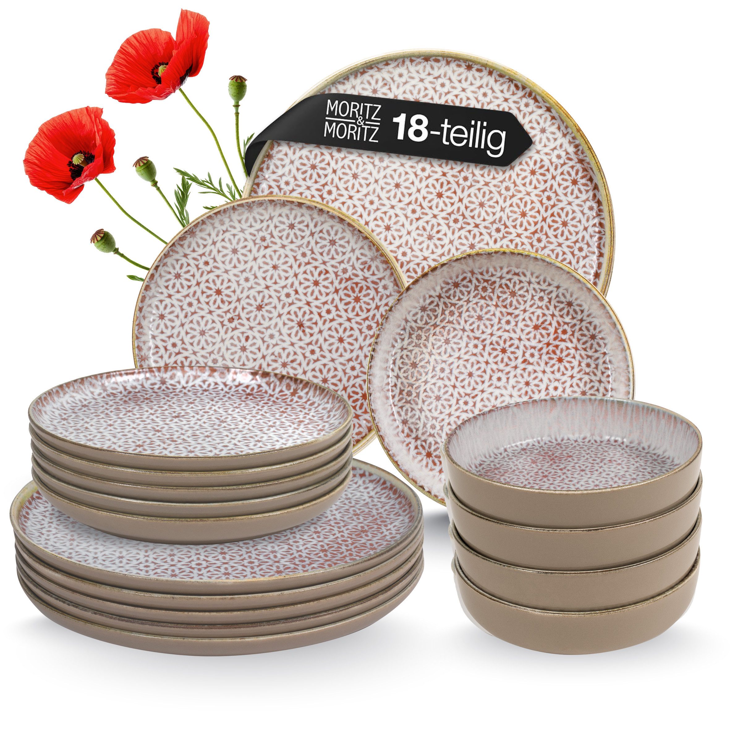 Moritz & Moritz Kombiservice ALHAMBRA Geschirrset Mousse (18-tlg), 6 Personen, Porzellan, Spülmaschinengeeignet & Mikrowellensicher