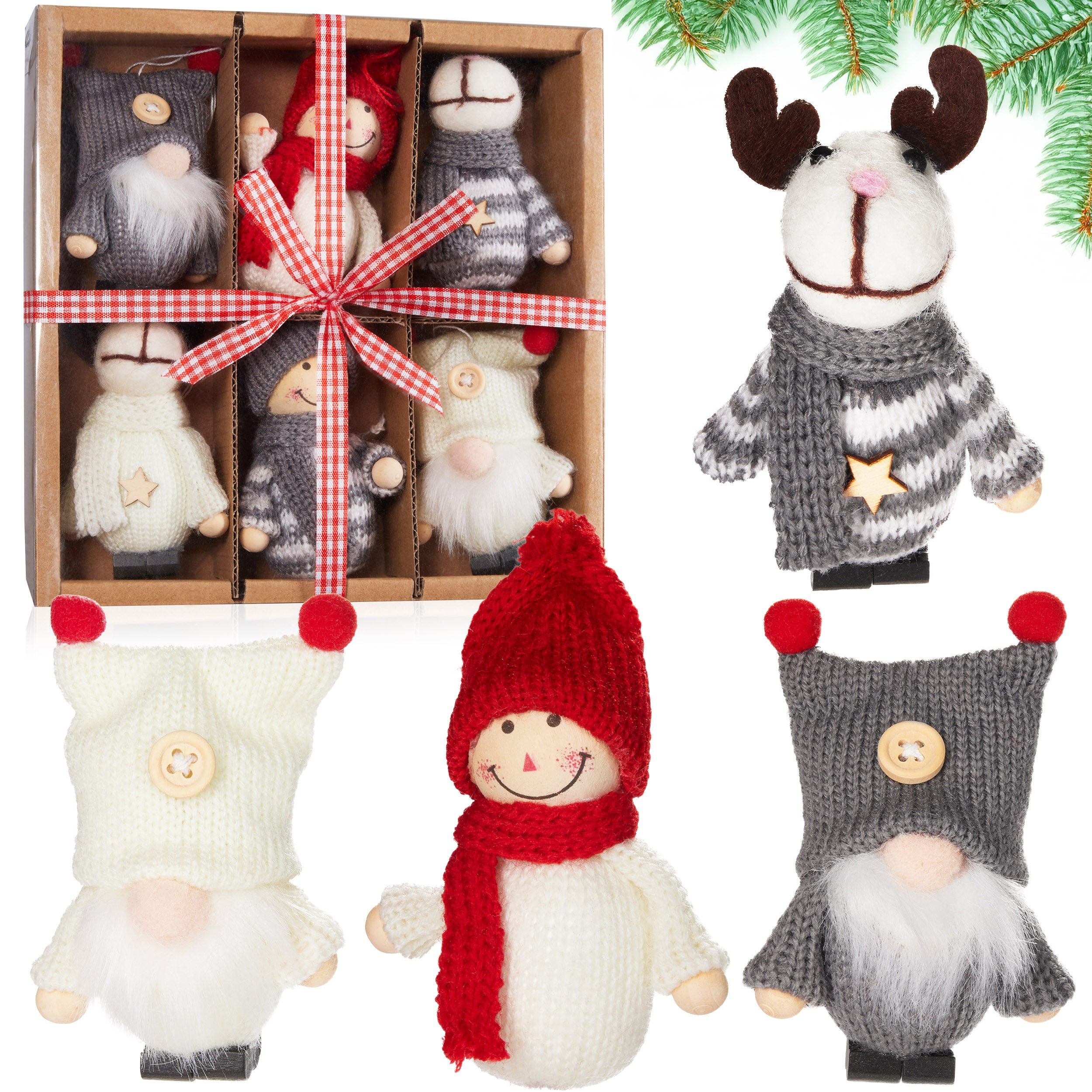 Christbaumschmuck Weihnachtszwerge aus Holz und Strick Baumanhänger