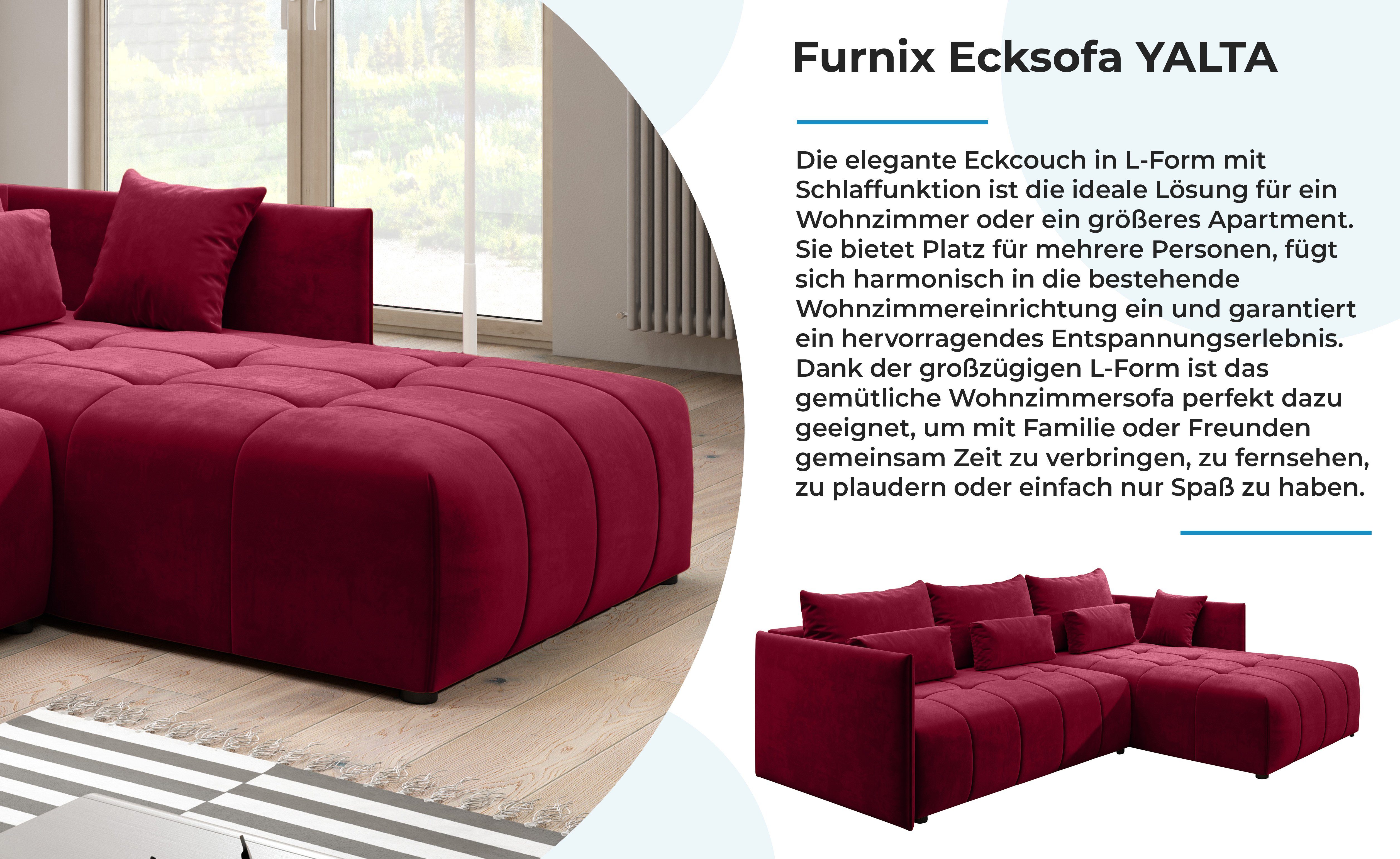 Furnix Ecksofa YALTA Couch Kissen, Europe 59 und mit MH Rot ausziehbar Schlafsofa Bettkasten in Made