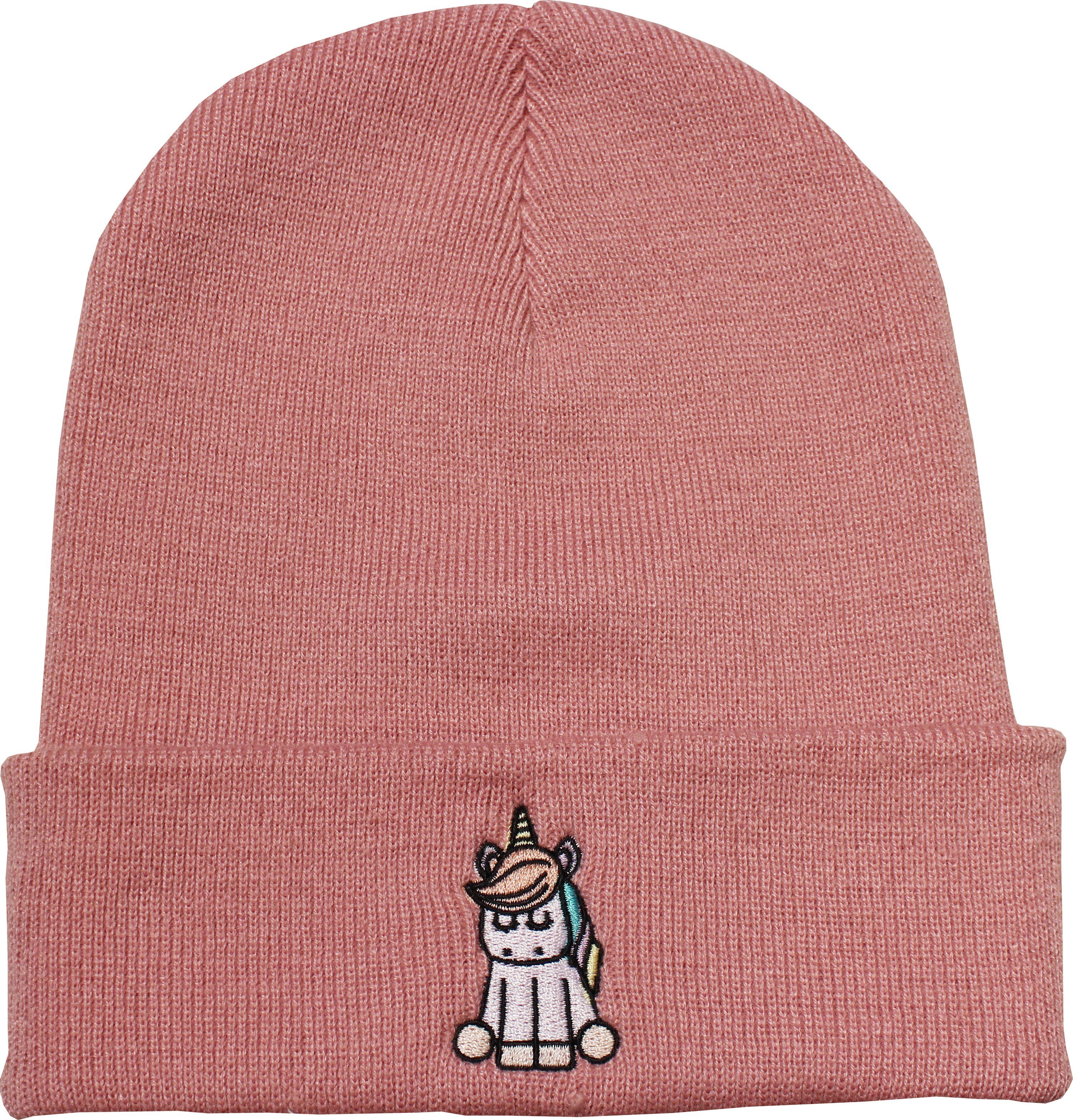 Baddery Beanie Strickmütze: "Einhorn" - Beanie / Winter / Wollmütze / Rollmütze, hochwertiger doppellagiger Strick, Stick-Motiv, One Size