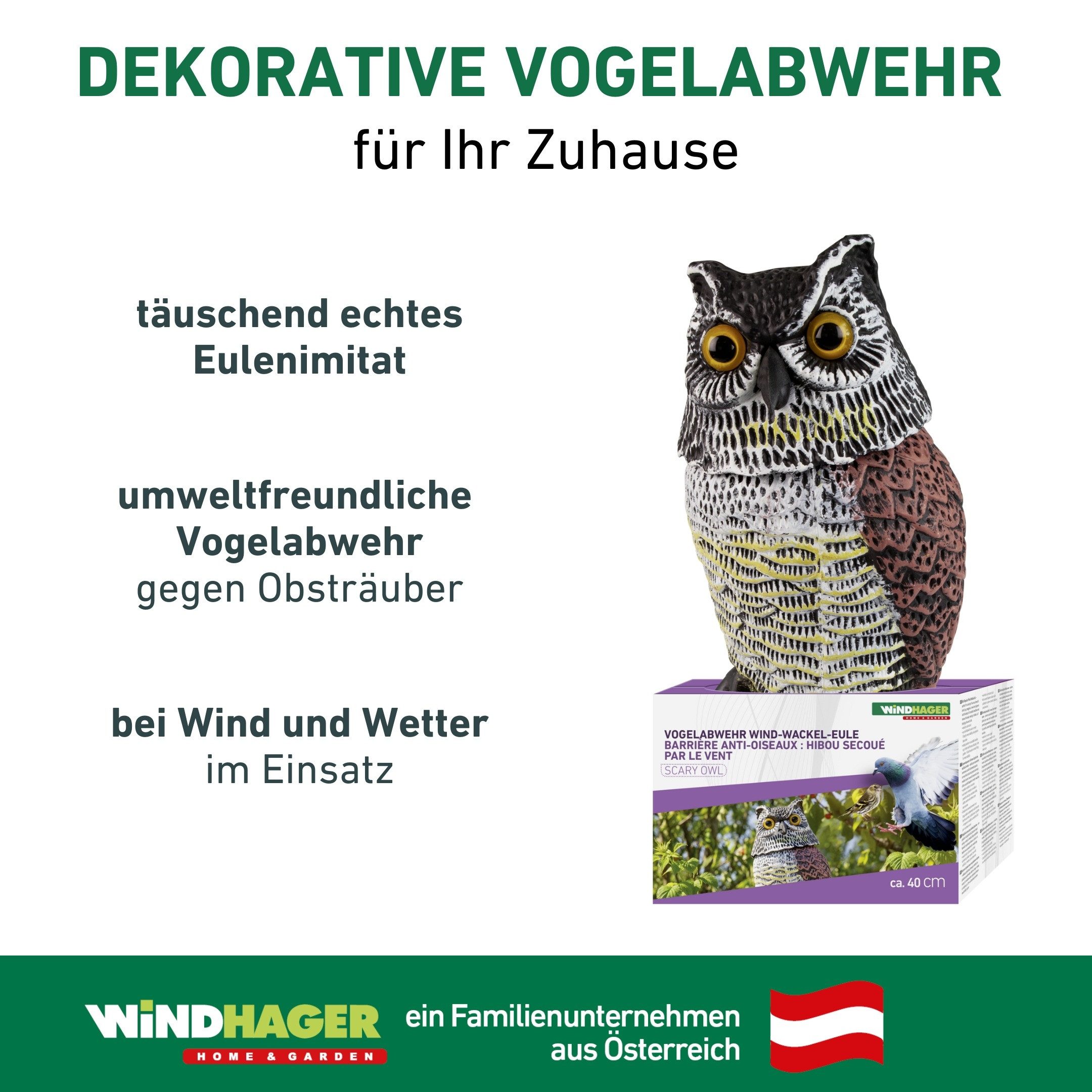 Windhager Vogelattrappe Scary Owl 40 x 15 cm, Vogelabwehr Eule mit Wackelkopf, (1-St), wetterfester Taubenschreck – Bild 2 von 5