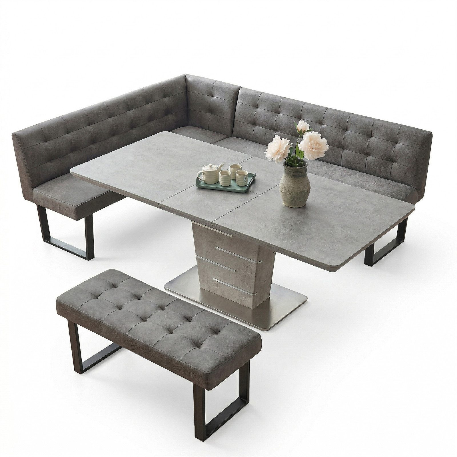 Jiexi Eckbank Ecksofa mit ausziehbarem Esstisch und Bank 228cm dickes Sitzkissen