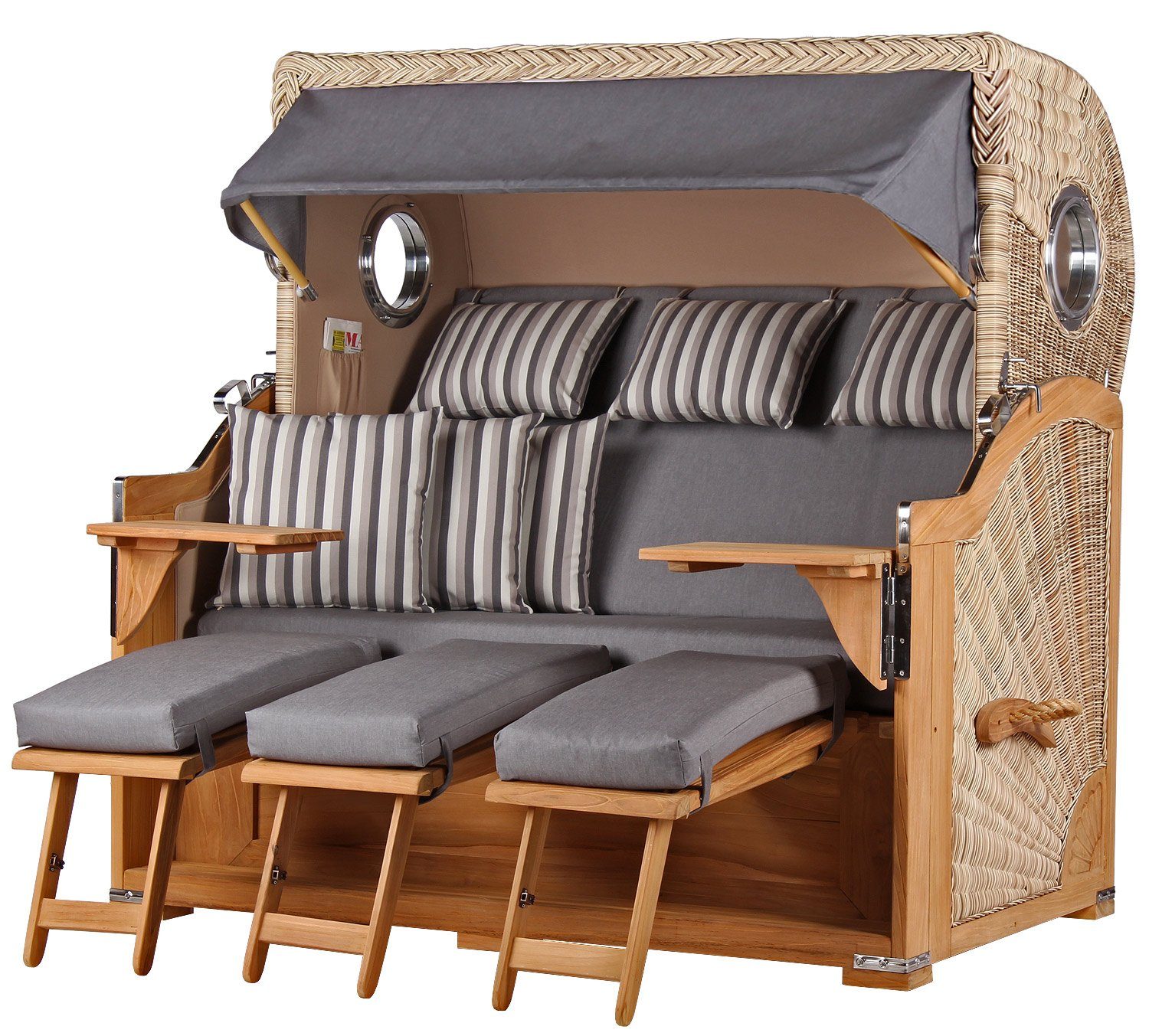bene living Strandkorb Königssee 3-Sitzer Teak - PE shell - Modell 544, BxTxH: 170x95x170 cm, Volllieger ca. 175 Grad, Ostsee-Strandkorb, inkl. Liftersystem und Bullaugen