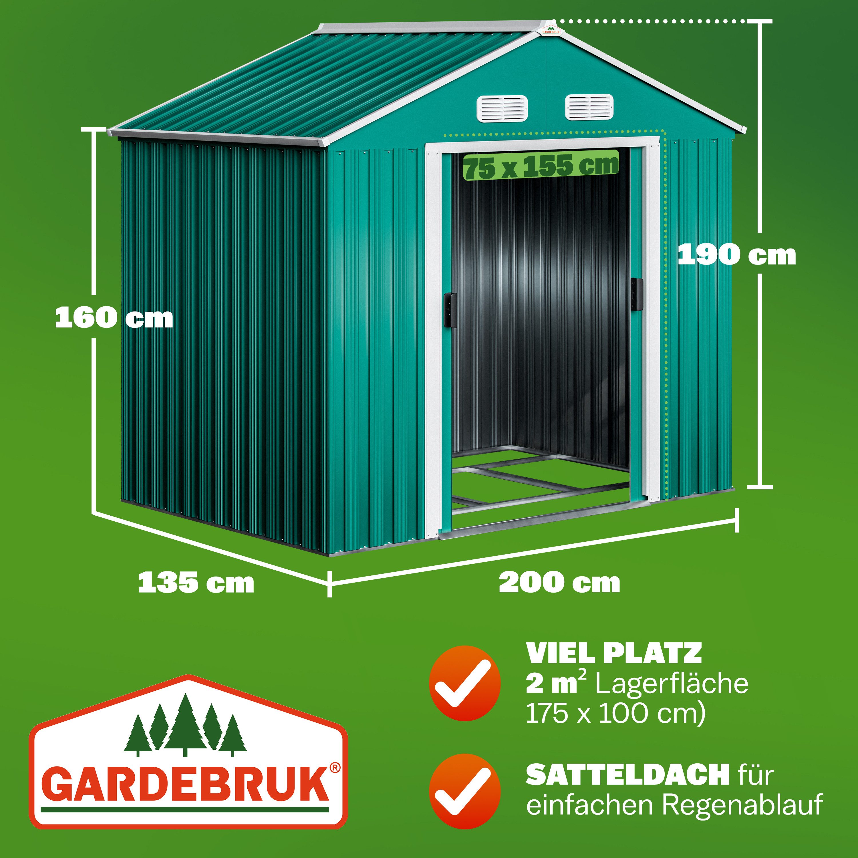Gardebruk Gerätehaus, BxT: 135x200 cm, XL Metall 4m³ mit Fundament 200x135x190cm Schiebetür Grün