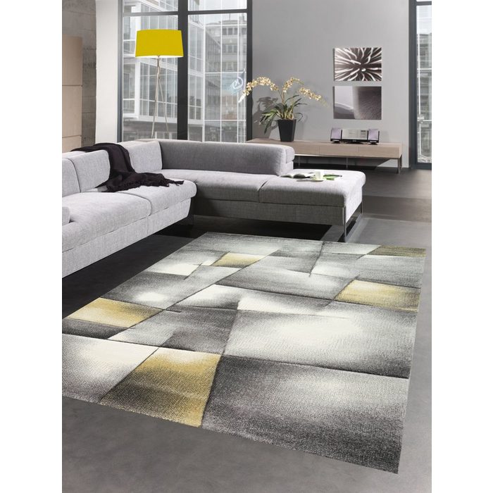 Teppich Teppich Kurzflor Wohnzimmerteppich karo abstrakt pastell gelb grau Carpetia rechteckig Höhe: 13 mm