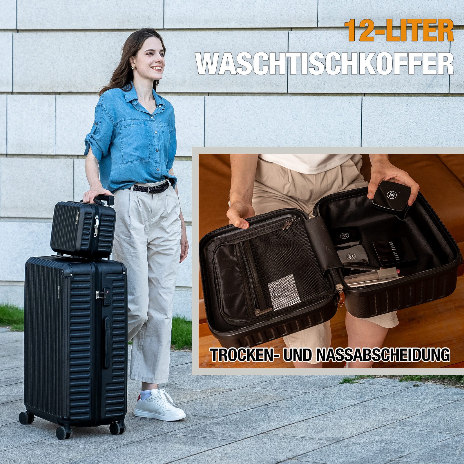 VALLSERO Trolleyset LG2 Hartschalen-Koffer set (S,M,L,XL) Rollkoffer, Reisekoffer, (Hartschalen Trolley 6-teiliges-set), Handgepäck 4 Rollen, ABS-Material, TSA  – Bild 5 von 5