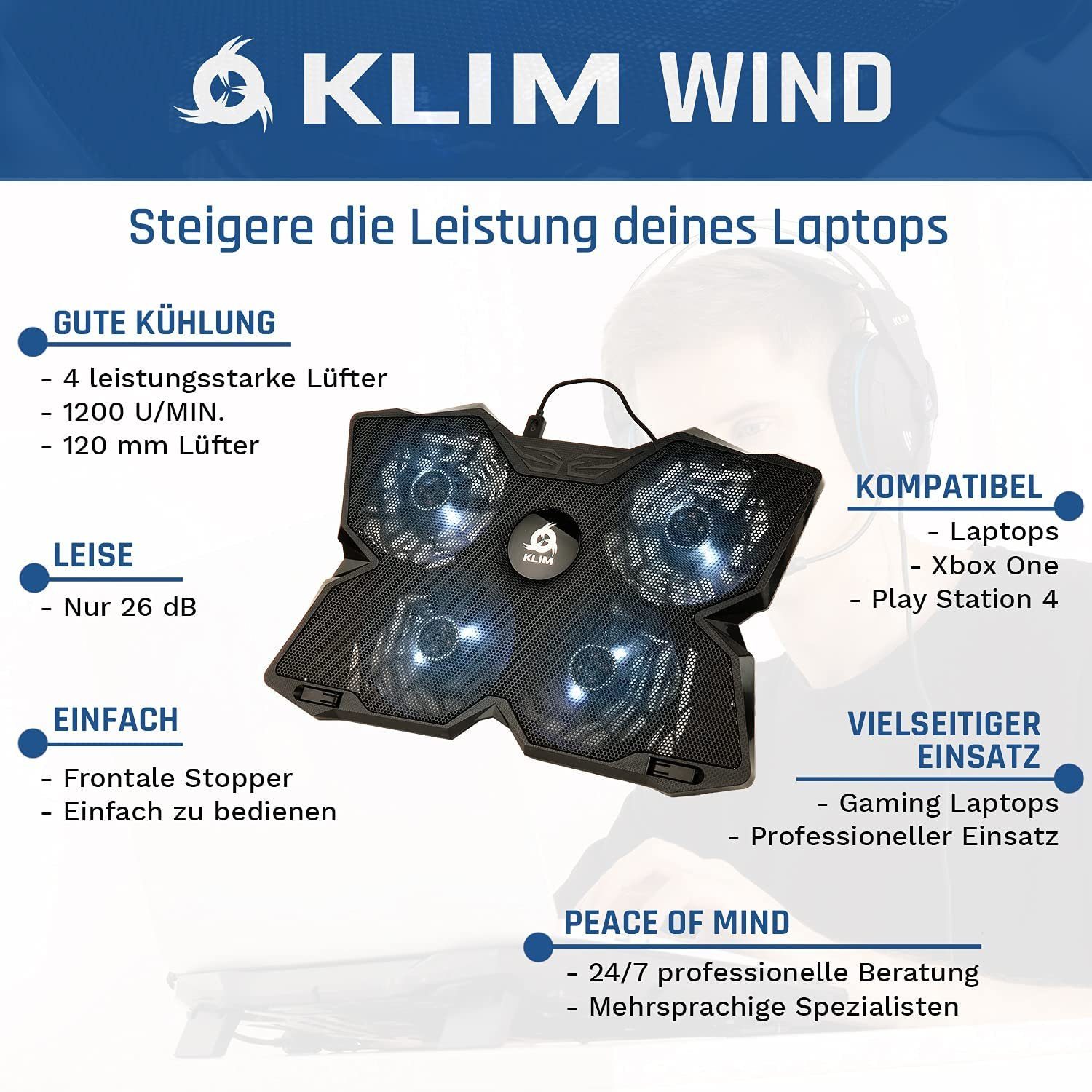 KLIM Notebook-Kühler Wind, der leistungsstärkste Weiß Kühlventilator Laptop-Kühlpad schnelle –
