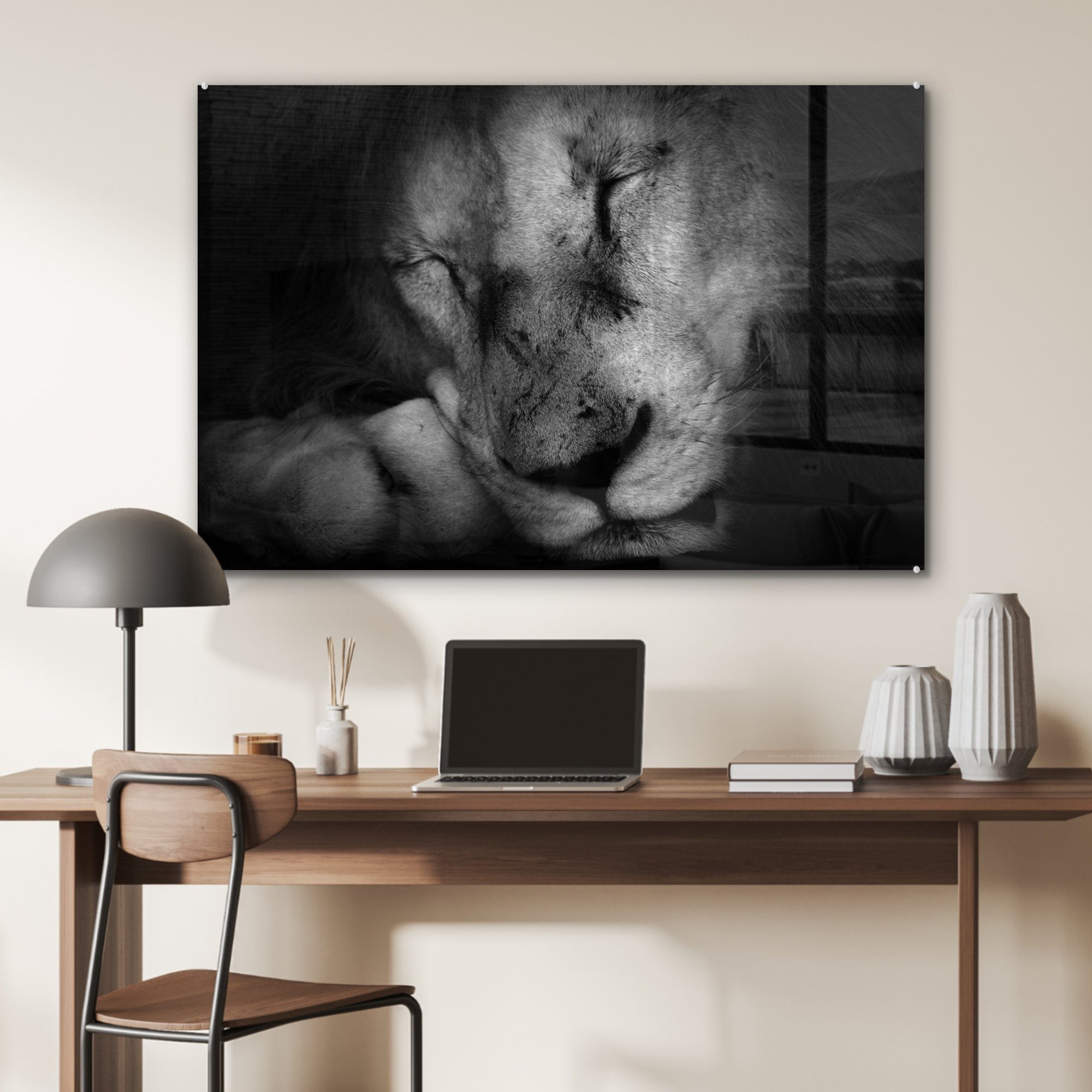 MuchoWow Acrylglasbild und Acrylglasbilder Wohnzimmer schlafender weiß, & in Schlafzimmer Löwe schwarz (1 St), Tierprofil