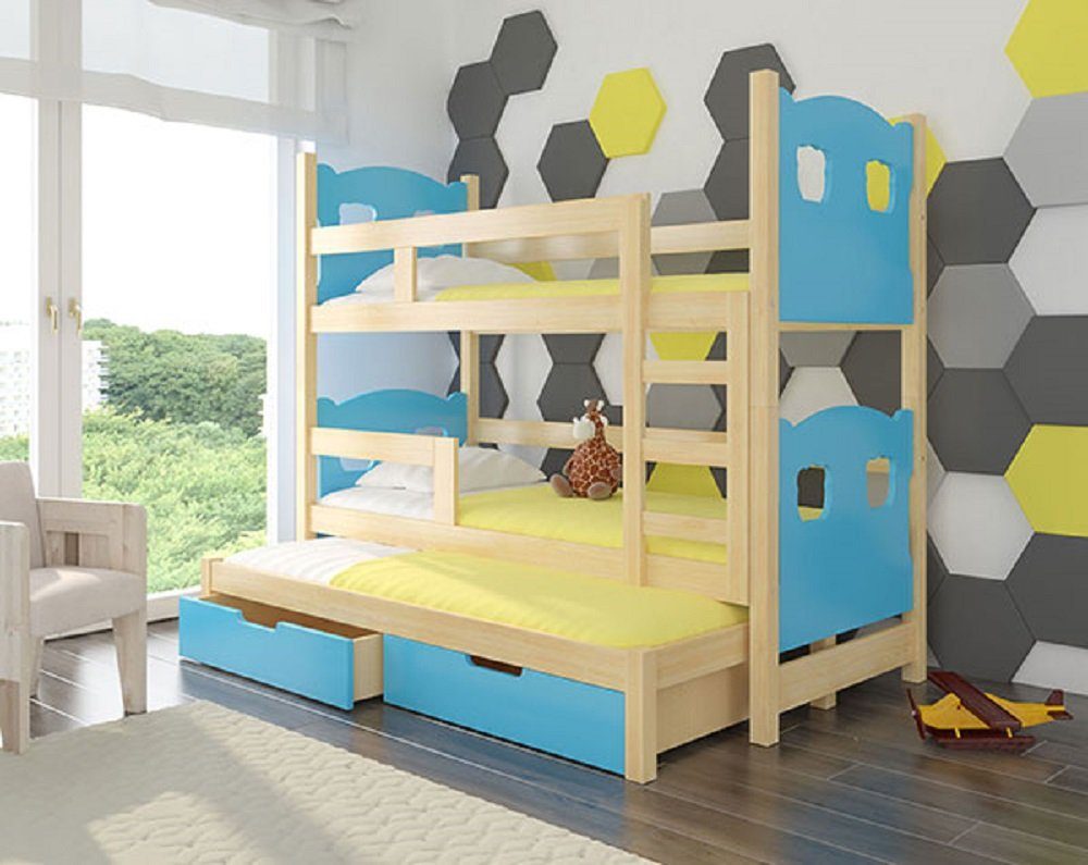 Feldmann-Wohnen Hochbett LETICIA (Etagenbett mit 3 Schlafgelegenheiten) Farbe wählbar Kiefer Natur / Absetzungen: blau