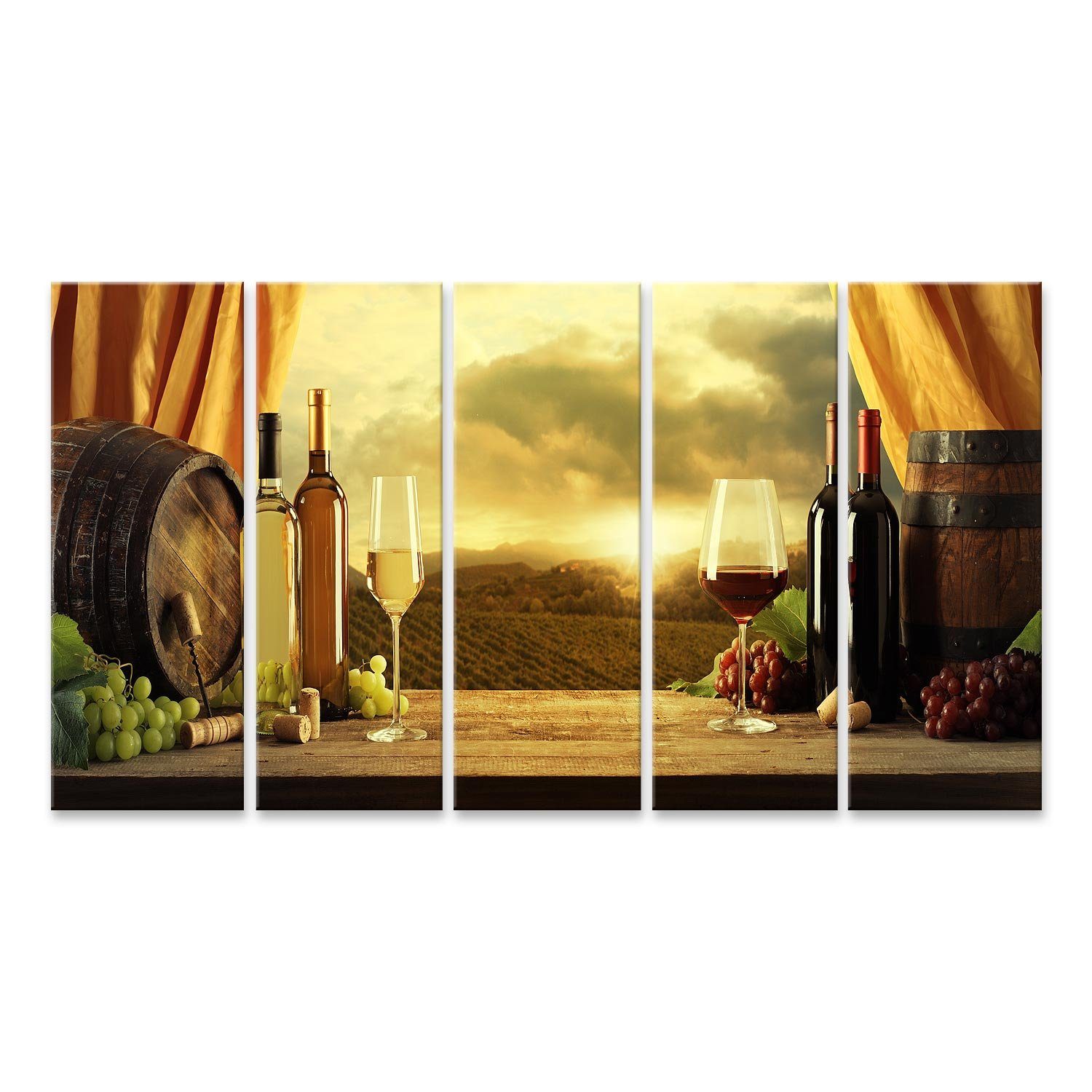 Leinwandbild Bild auf Leinwand Weinflaschen Fässer Weinberg Sonnenuntergang Wandbil