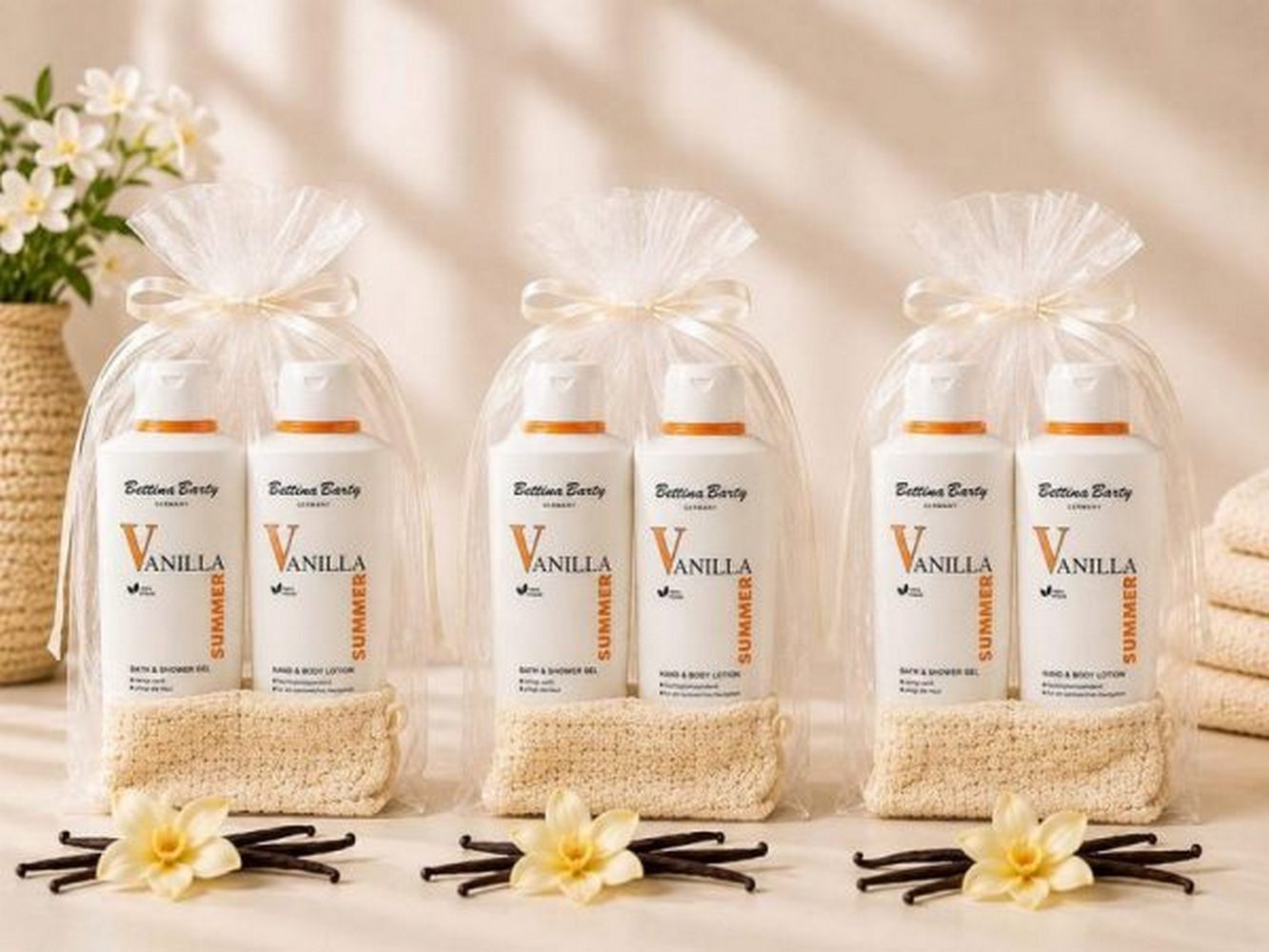 Bettina Barty Pflege-Geschenkset Summer Vanilla Geschenkset 3xDuschgel, 3xBodylotion & 3xWaschhandschuh Geschenkset
