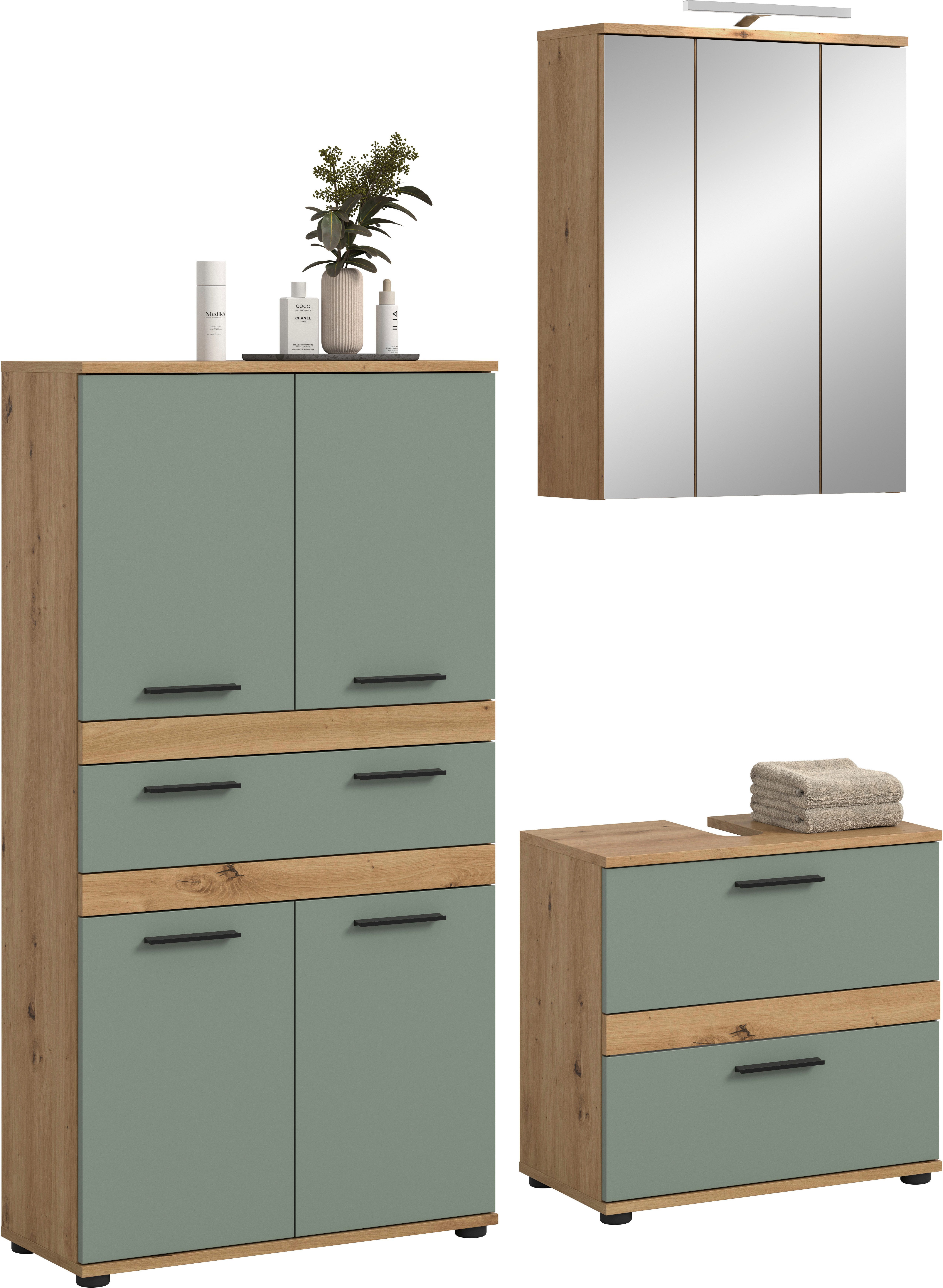 welltime Badmöbel-Set LUCCA, 3-tlg. Badkombination, viel Stauraum, modernes Design, (3-St., Hochschrank, Waschbeckenunterschrank, Spiegelschrank inkl. Beleuchtung), Bad-Kombination, Bad-Möbel, Badezimmer, Kombination, Kombi