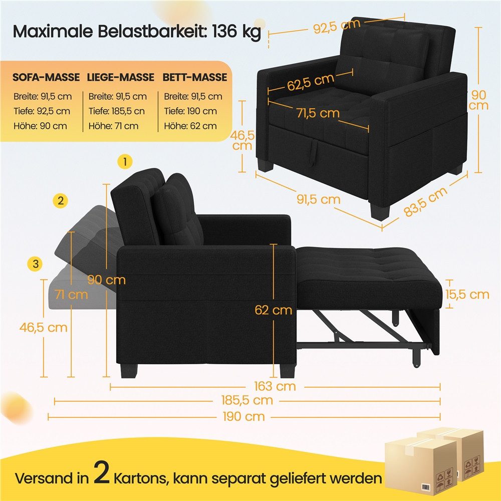 Yaheetech Schlafsofa Einzelsofa, Klappbarer Relaxsessel Loungesessel mit Bettposition und Seitentaschen