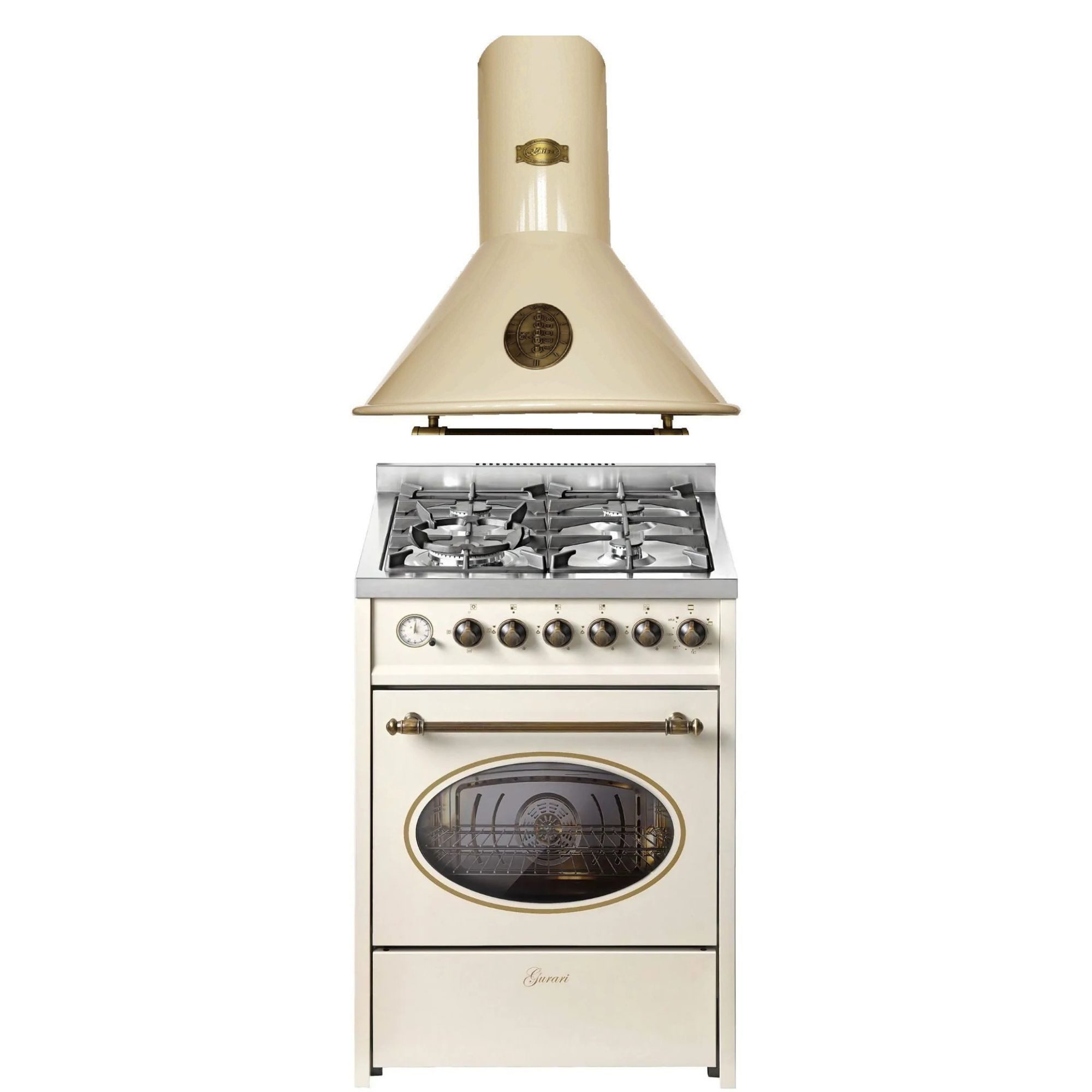 GURARI Gas-Standherd Gas Elektro Standherd 60 cm Erdgas Fl.Gas 4 Kw WOK mit Dunstabzugshaube 60 cm mit Metallelementen, Elfenbein, 910 m³/h E 614 Cr r+A 6423 ElfBE ECO, mit 1-fach-Teleskopauszug