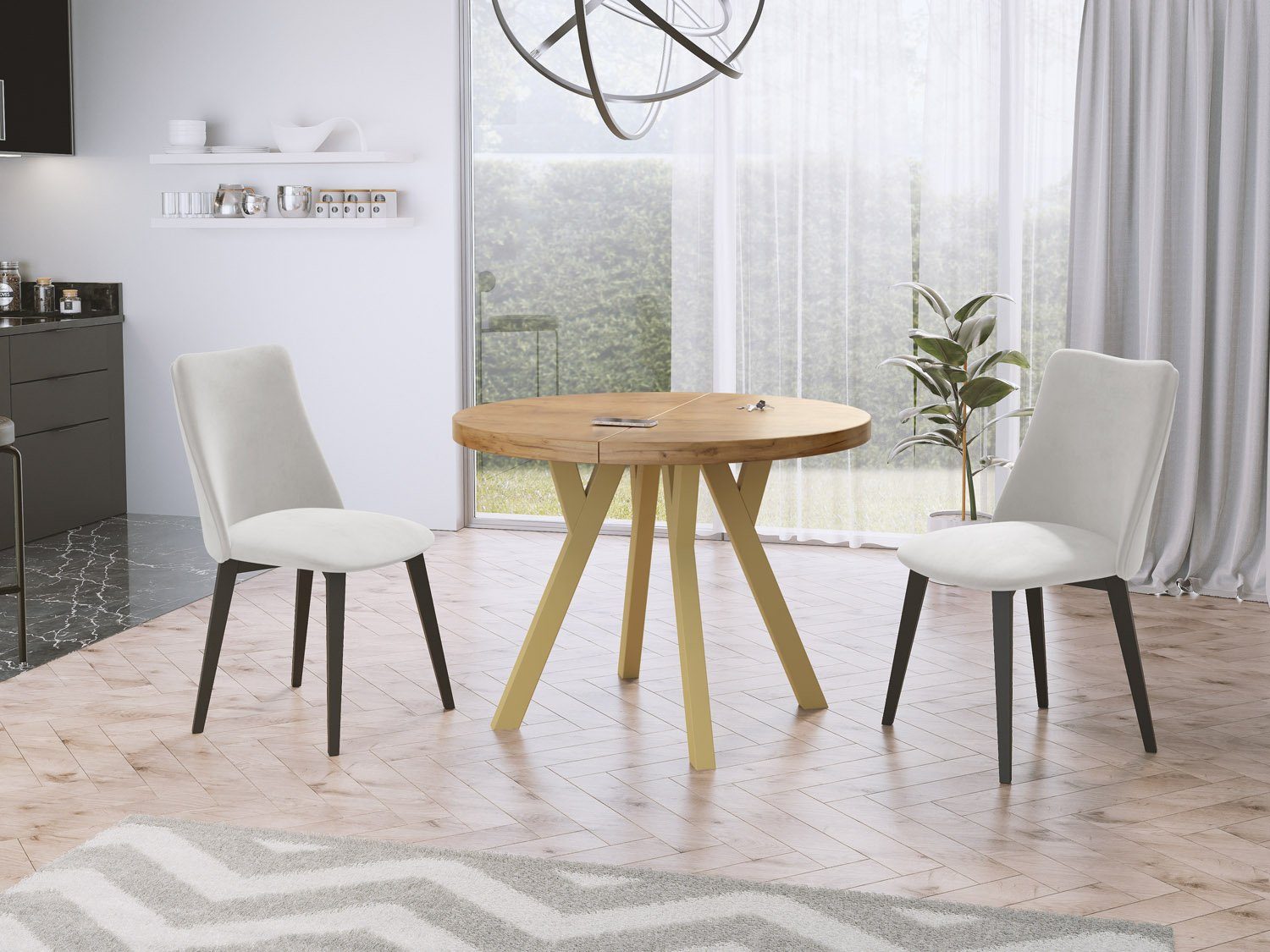 WFL GROUP Esstisch Mateo ausziehbar rund modern mit goldenen Holzbeinen (MADE IN EU, erhältlich in zwei Größen – 100/100 cm, ausziehbar auf 150/200 cm), platzsparender Tisch für kleine Küche, Esszimmer oder Wohnzimmer