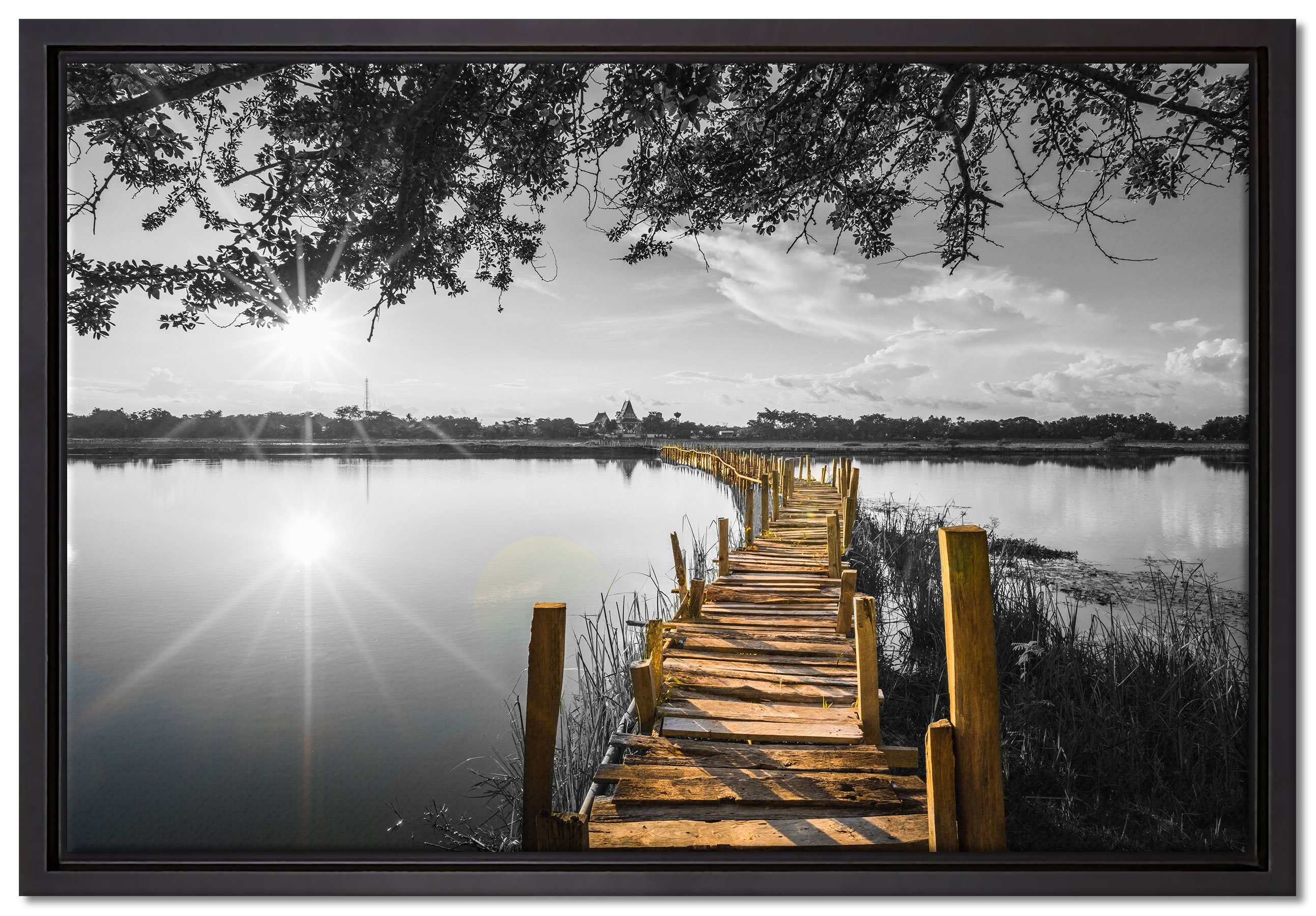 Pixxprint Leinwandbild Holzbrücke über Natursee im günstig online kaufen