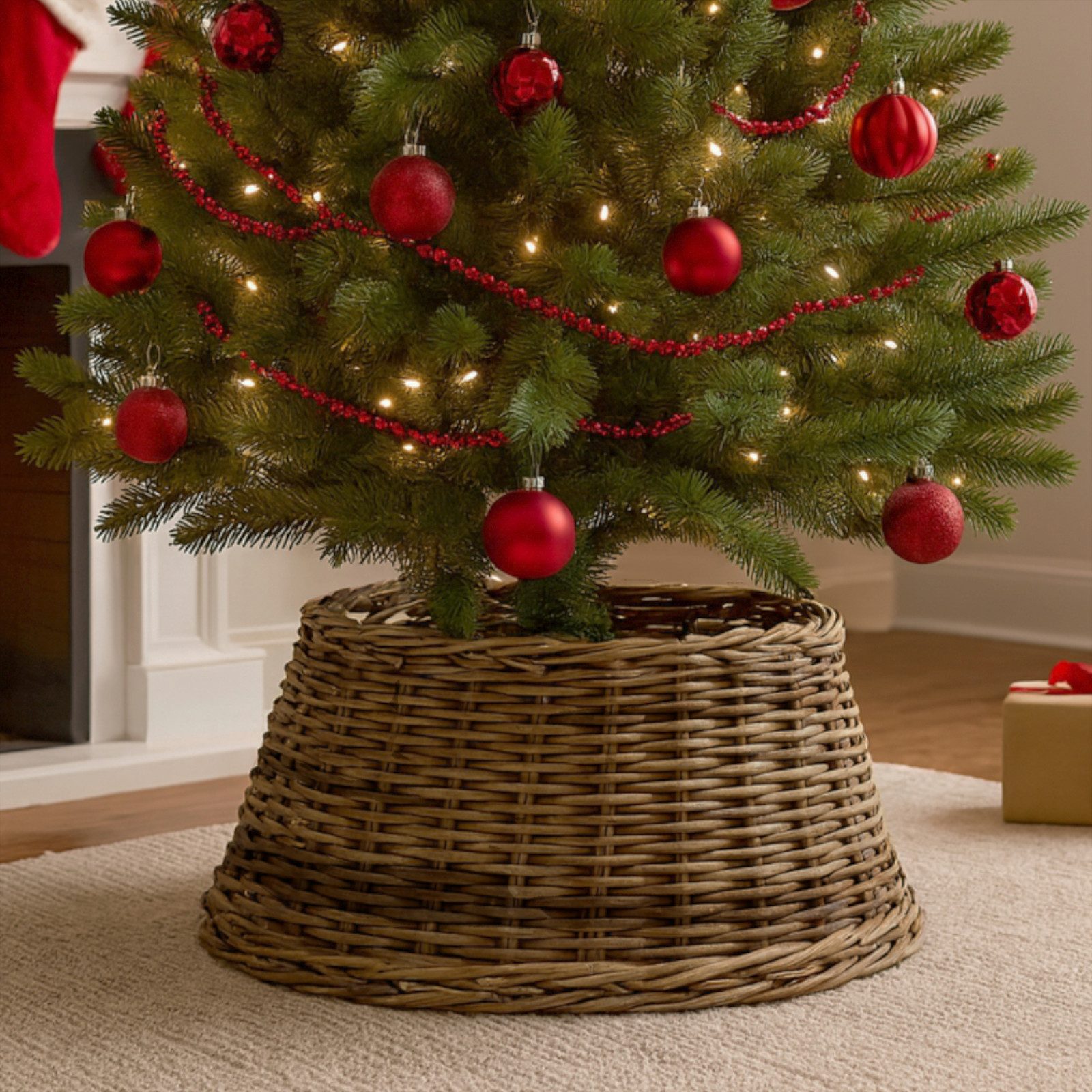 Van der Leeden Weihnachtsbaumdecke Baumrock Fuß Umrandung Ø 60 cm Braun Rattan Weide Rustikal (1-tlg), Abdeckung Weihnachtsbaum Ständer, Höhe 26cm, Handmade