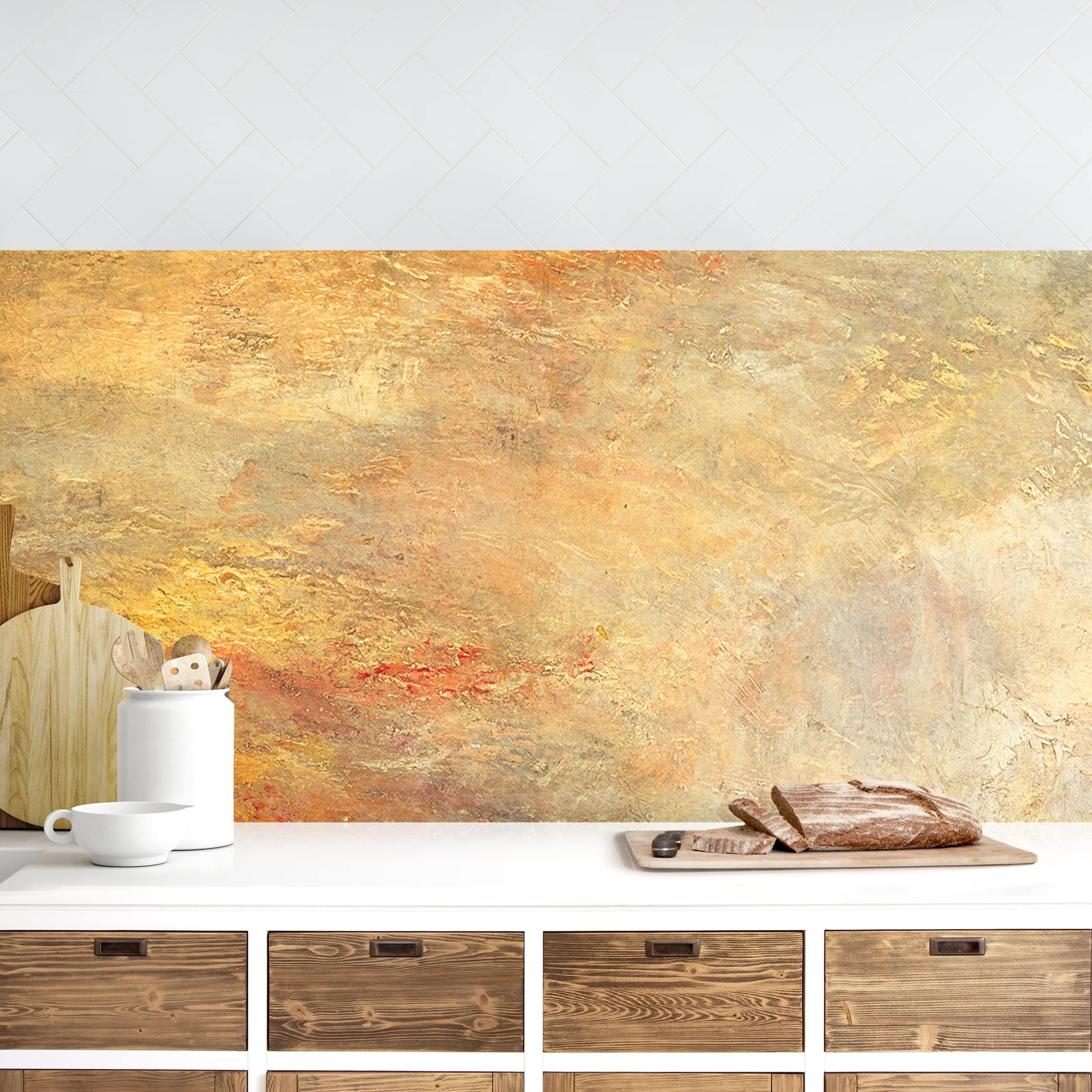 Bilderdepot24 Küchenrückwand orange dekor Abstrakt Kunst Natur Vintage Turner Sonnenuntergang See, (1-tlg., Nischenrückwand - für Fliesenspiegel ohne Bohren - matt), Spritzschutz Rückwand Küche Herd - Folie selbstklebend versch. Größen