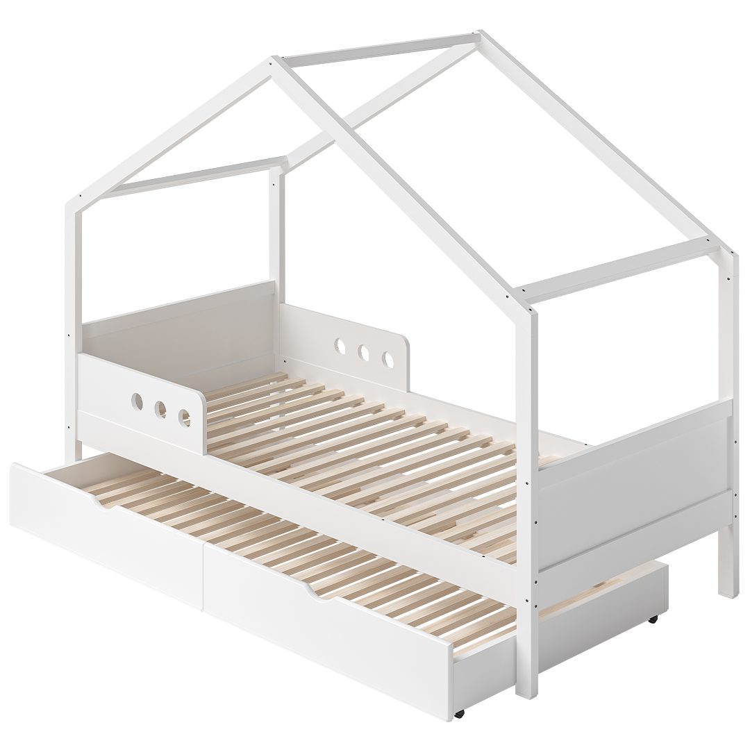 Bellabino Hausbett Bela 90x200 cm aus Massivholz Kiefer (weiß inkl. Gästebe günstig online kaufen