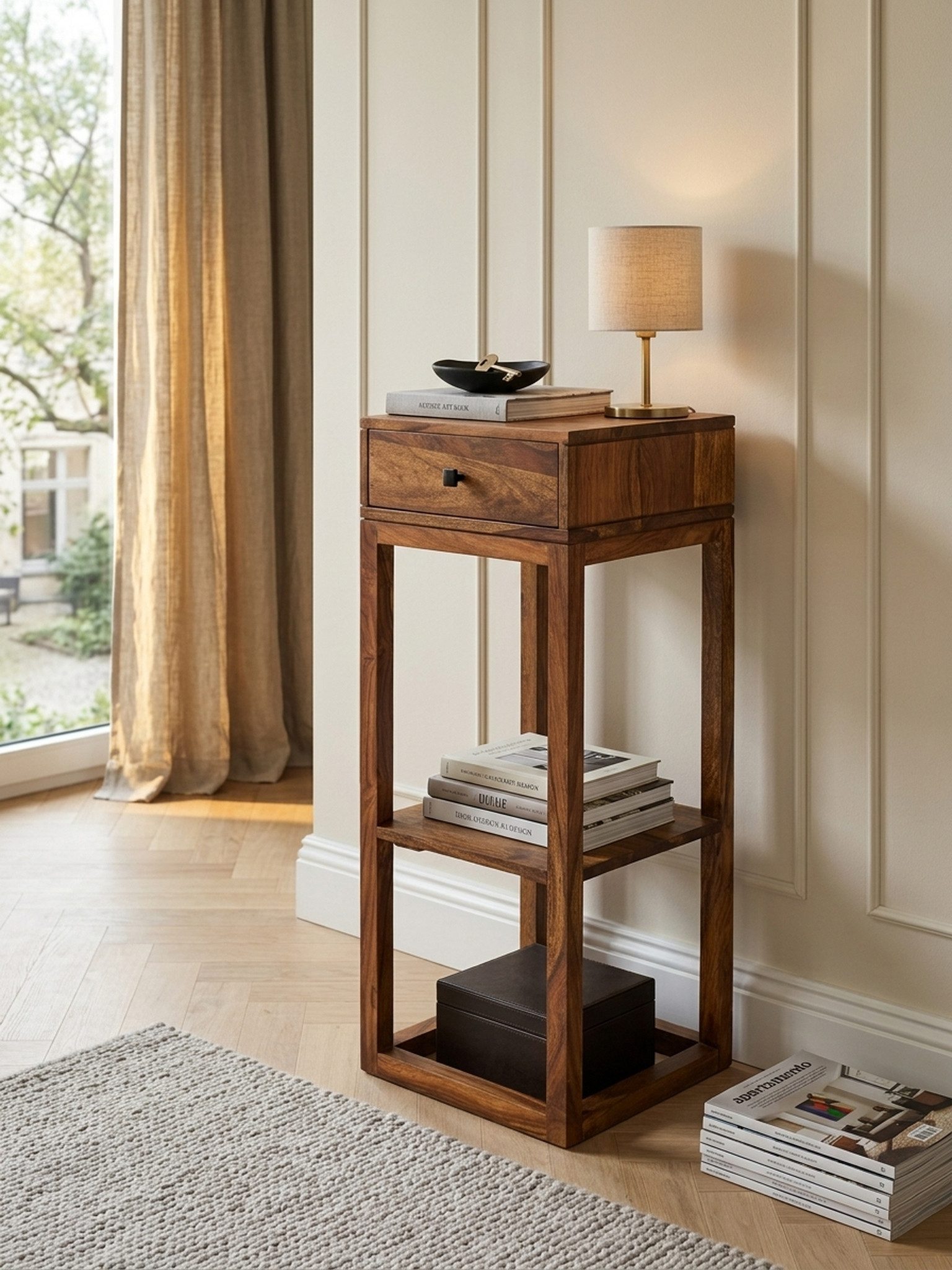 KADIMA DESIGN Beistelltisch Beistelltisch MUMBAI Massivholz Anstelltisch Telefontisch Wohnzimmer, mit Schublade 35 x 35 x 90 cm