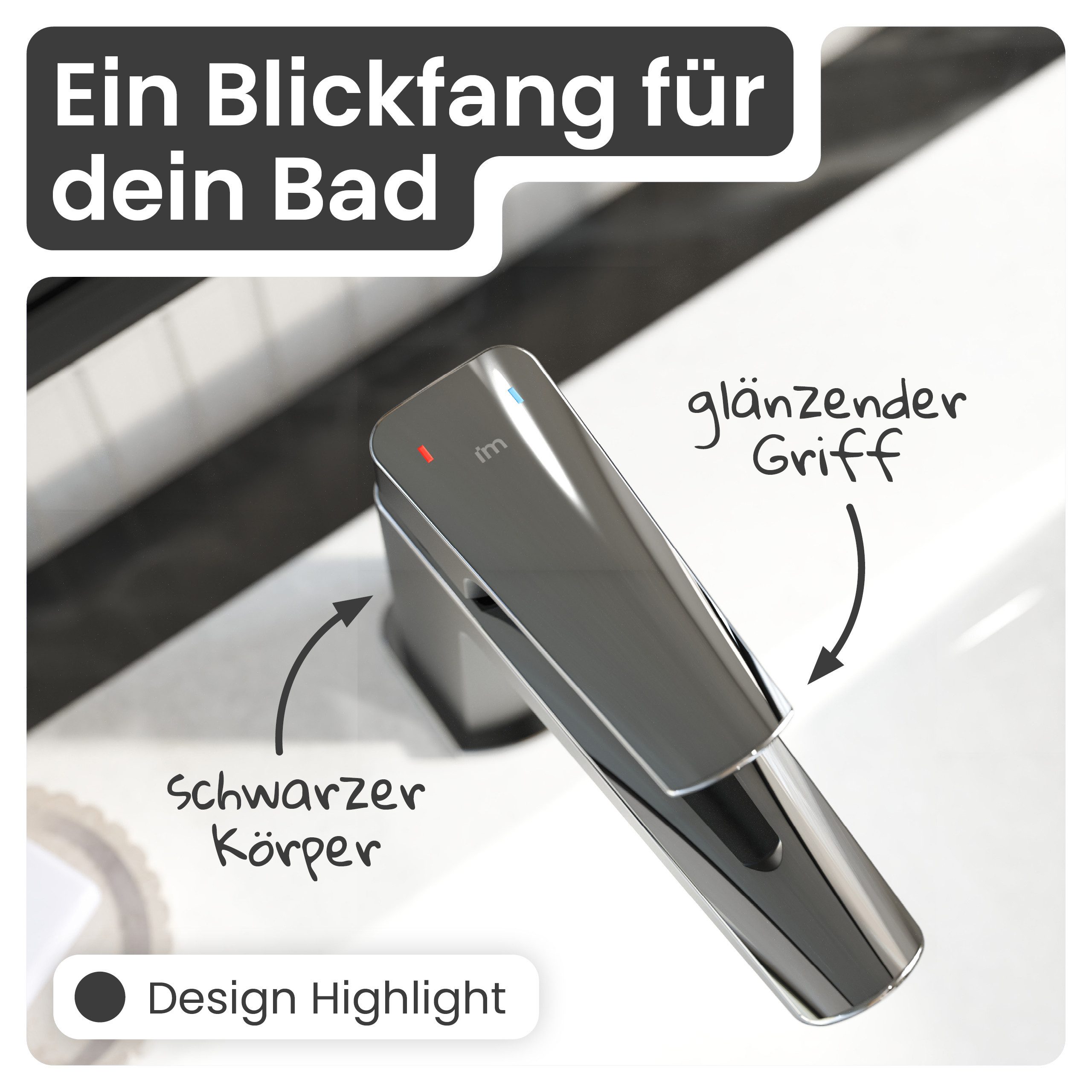 instmaier Waschtischarmatur Amelie Wasserhahn für Bad, Waschbeckenarmatur in edlem Design schwarzer Körper mit elegant spiegelnder Chromoberfläche
