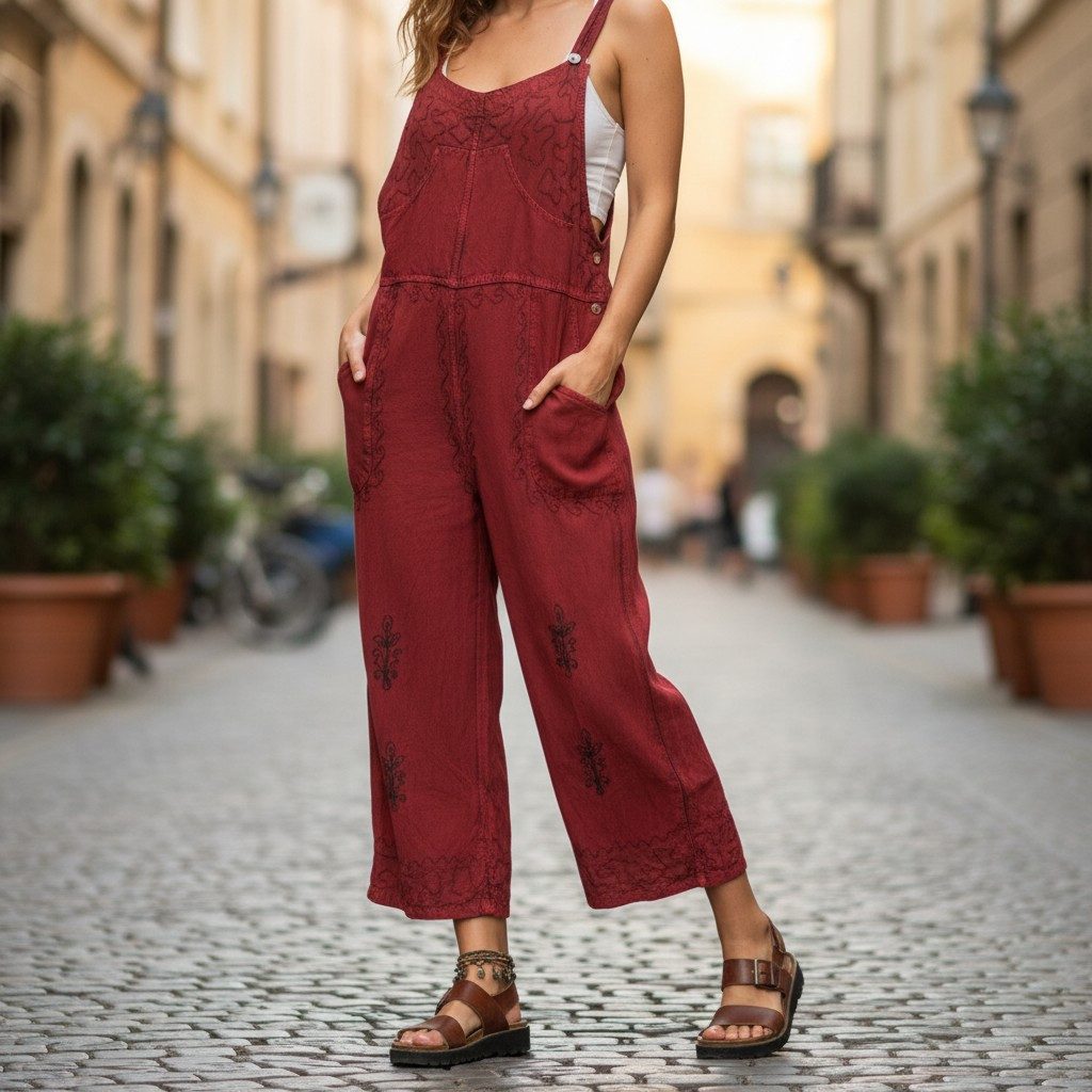 Guru-Shop Relaxhose Latzhose, Boho Hose, bestickter Overall - rot alternative Bekleidung