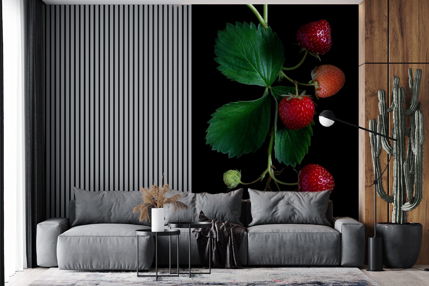 (3 Tapete auf Wohnzimmer, Matt, St), für Eine MuchoWow Wandtapete bedruckt, Montagefertig Hintergrund, Fototapete Erdbeerpflanze Vinyl schwarzem