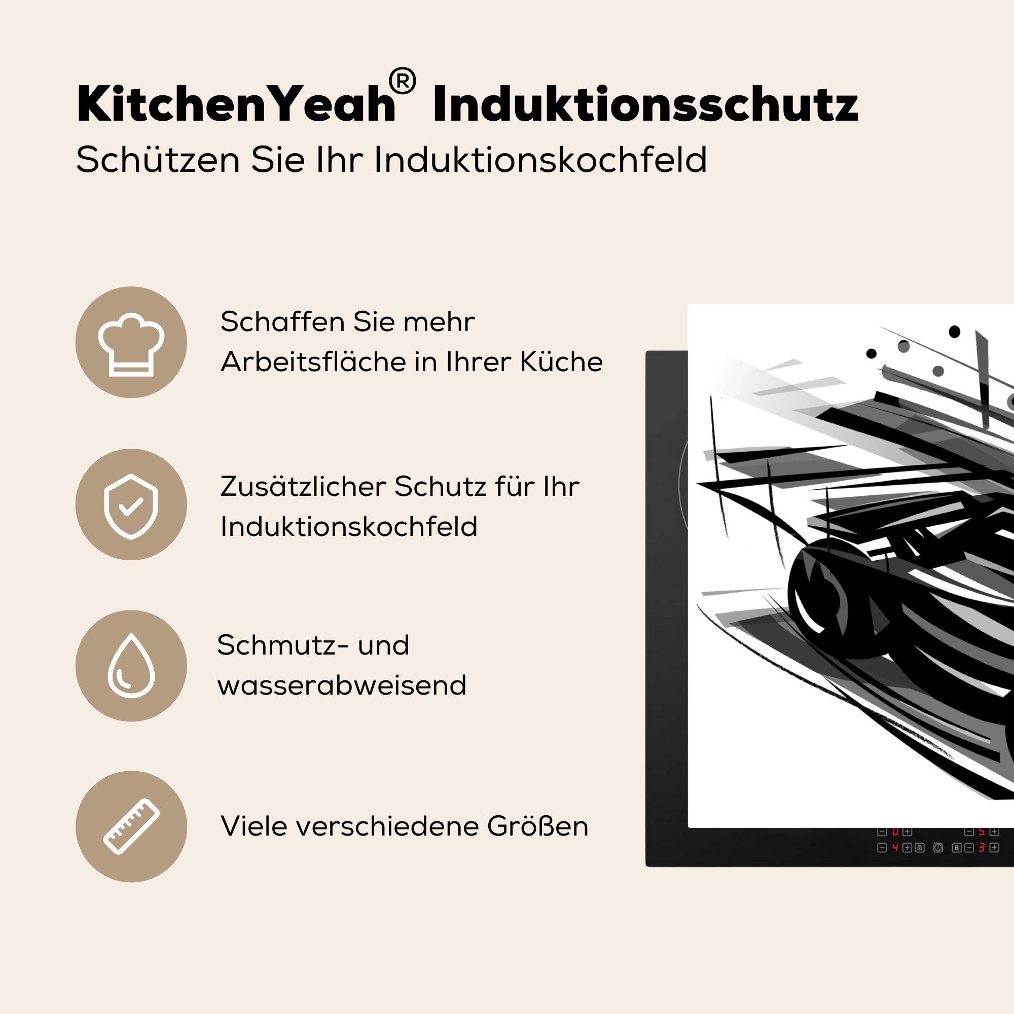 MuchoWow Herdblende-/Abdeckplatte Eine der cm, 70x52 Formel Arbeitsfläche Ceranfeldabdeckung (1 tlg), aus Illustration schwarz-weiße Vinyl, Autos eines 1, nutzbar, Mobile