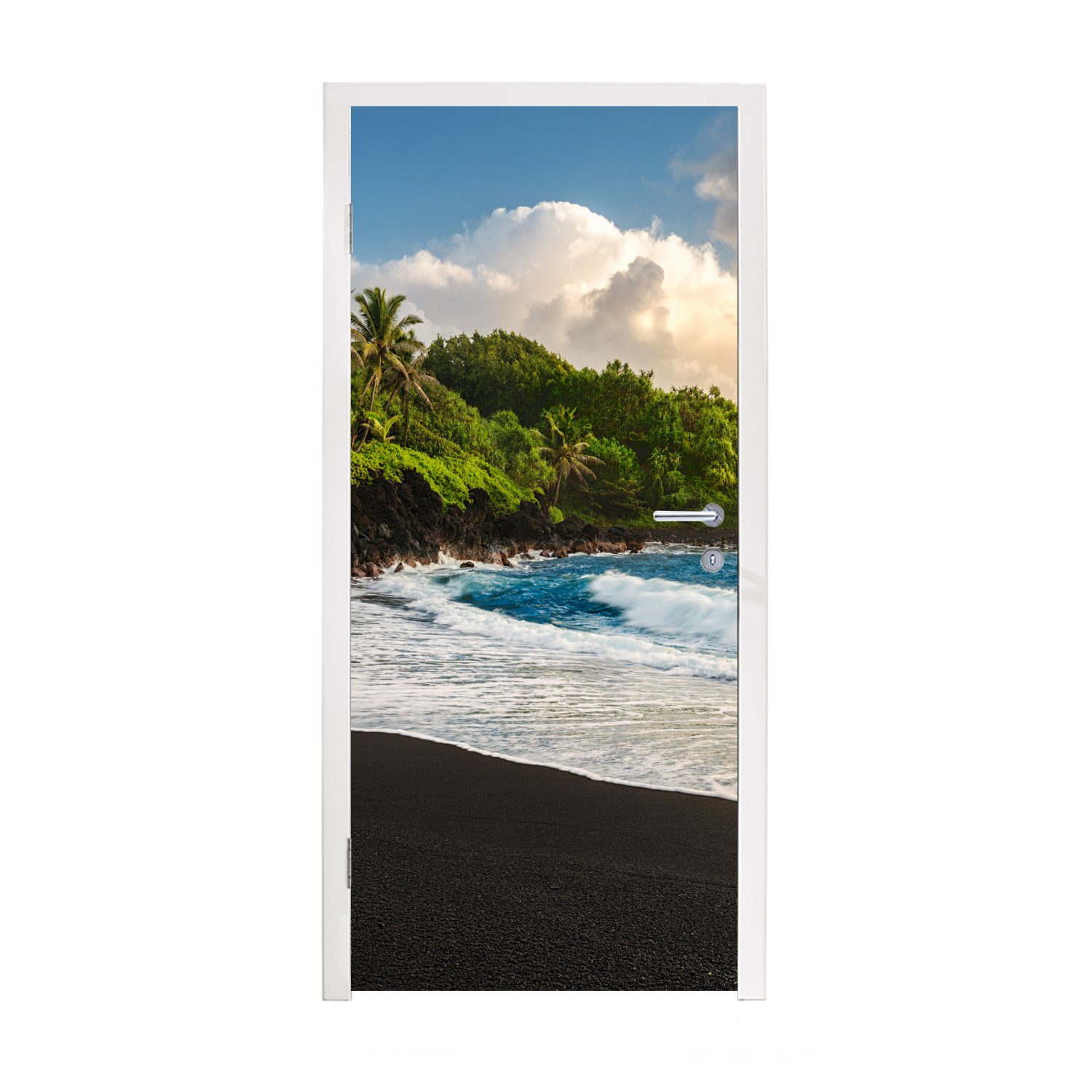 MuchoWow Türtapete Ein schwarzer Sandstrand auf Hawaii, Matt, bedruckt, (1 St), Fototapete für Tür, Türaufkleber, 75x205 cm