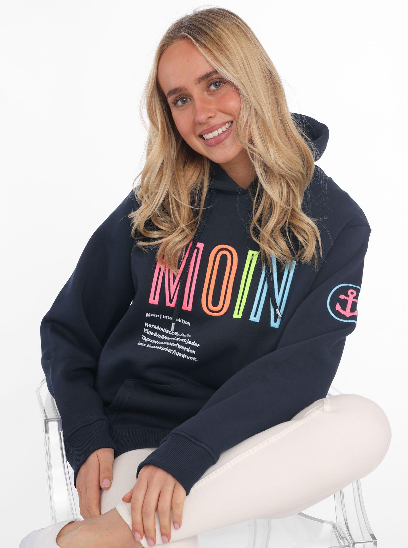 Zwillingsherz Sweatshirt gestickter Schriftzug, Kapuze, Langarm, Kängurutasche, Kordelzug