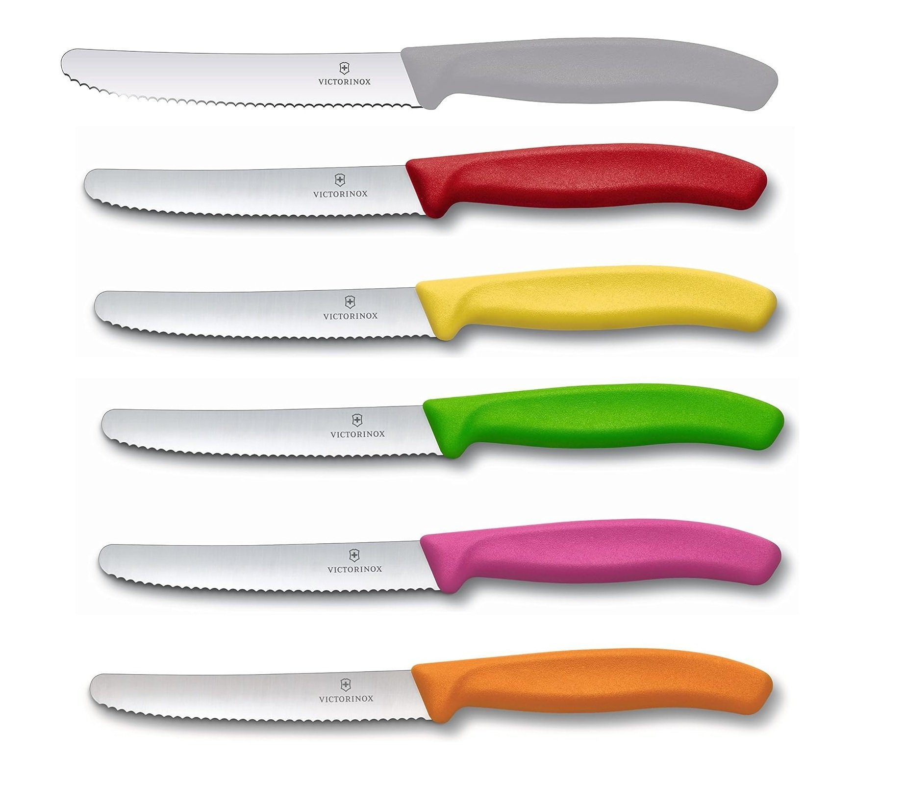 Victorinox Tafelmesser 6 Stück Bunter Mix Swiss Classic (Grau, Orange, Grün, Rot, Pink, Gelb) Küchenmesser Tomatenmesser Brotzeitmesser