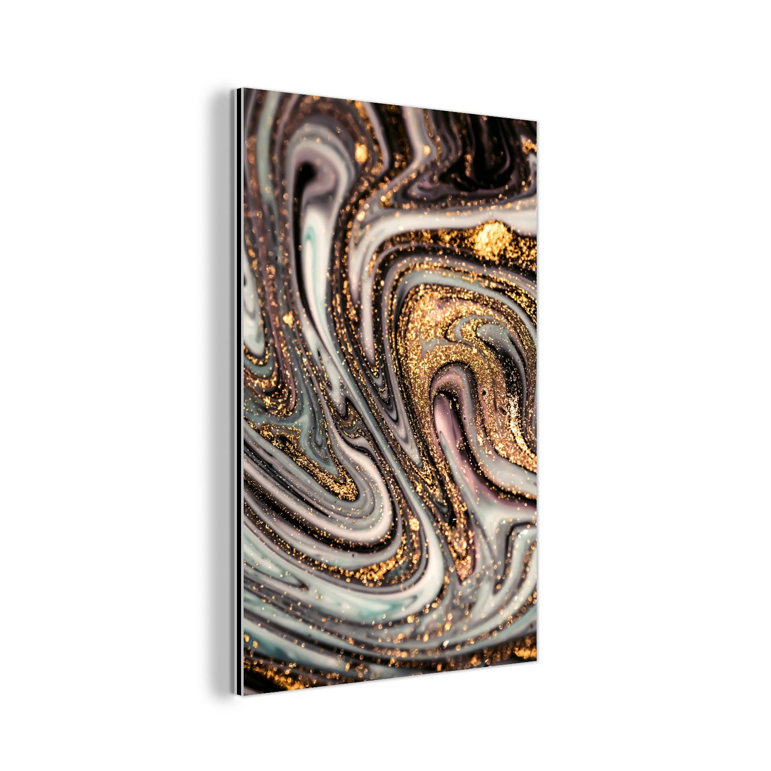 MuchoWow Metallbild Marmoroptik - Gold - Glitter - Luxus - Marmor - Weiß, Inkl. Aufhängung, Alu-Dibond-Druck, Dekoration aus Metall, Aluminium deko, 20x30 cm