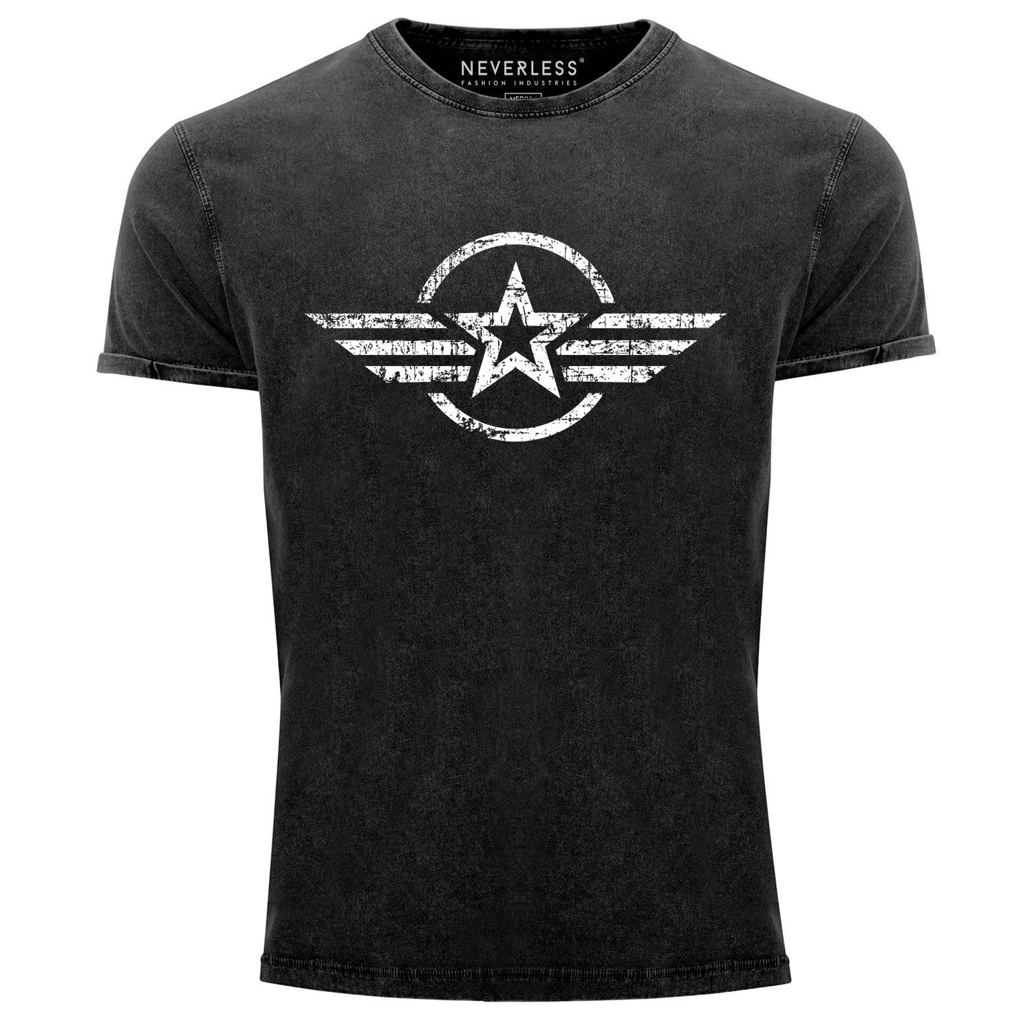 Neverless Print-Shirt T-Shirt Aufdruck Military Shirt Aufdruck Vintage Stern Slim schwarz Fit Army Neverless® Printshirt Used Herren Look Print mit Airforce