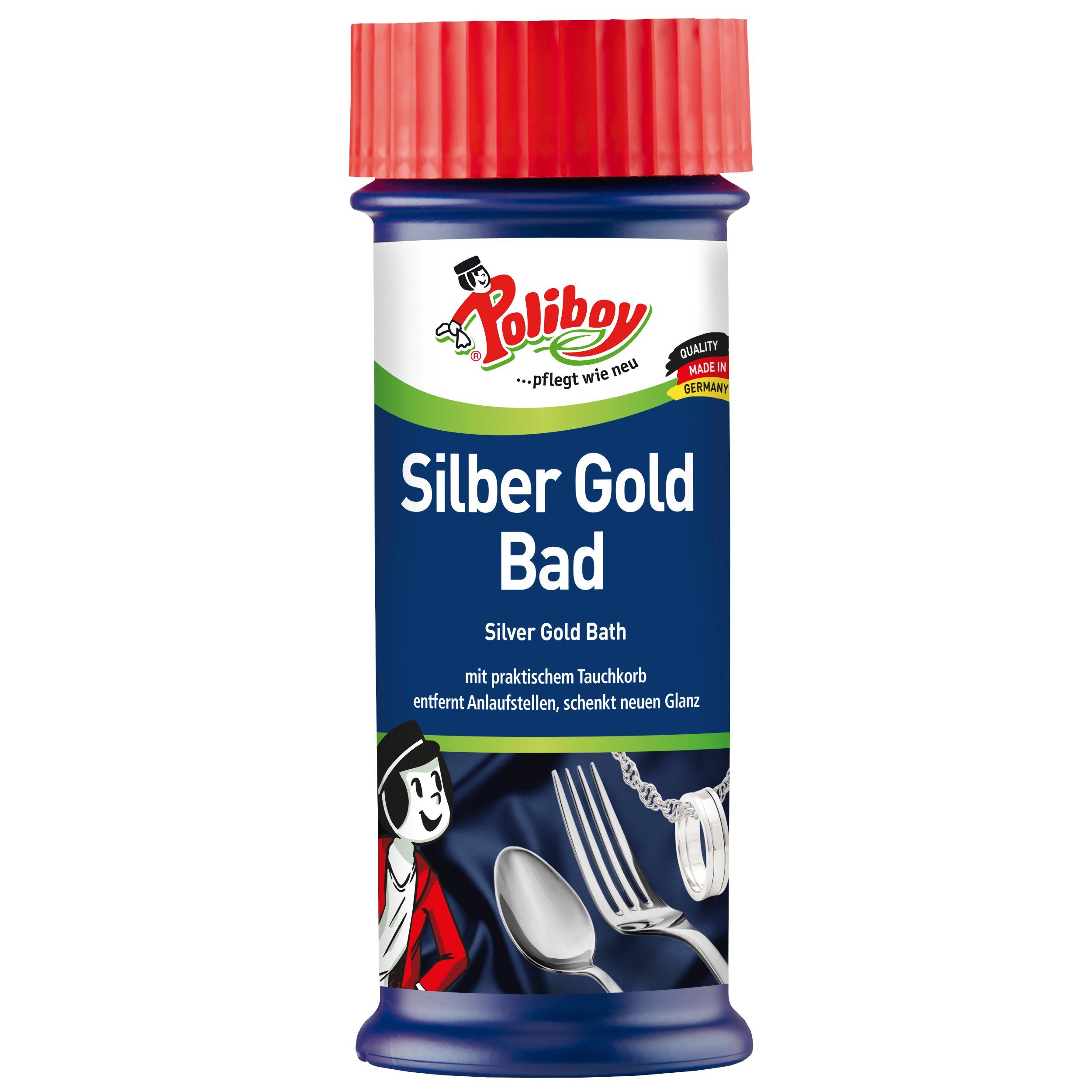 poliboy Silber Gold Bad - mit praktischem Tauchkorb - 375 ml Schmuckreiniger (verleiht neuen Hochglanz und reinigt selbstständig - Made in Germany)