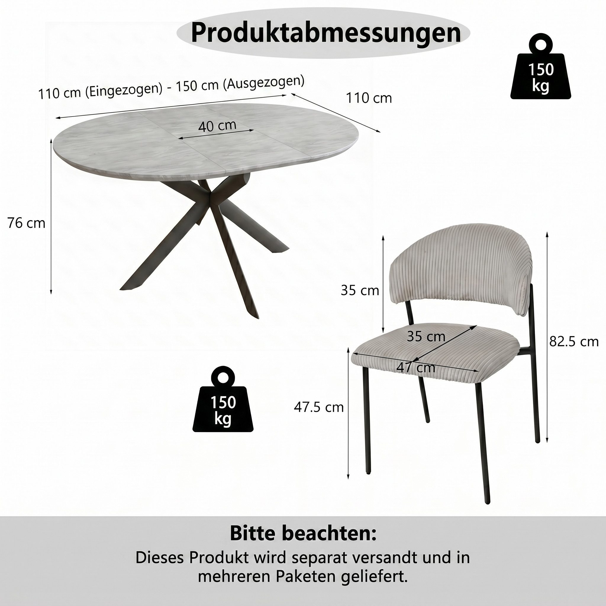 Jiexi Essgruppe Essgruppe ausziehbar rund bis oval MDF Tisch mit Cordstühlen