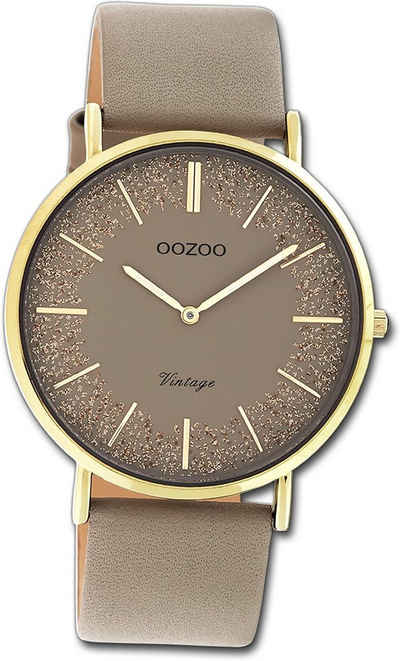OOZOO Quarzuhr Oozoo Damen Armbanduhr Vintage Series, Damenuhr Lederarmband braun, rundes Gehäuse, groß (ca. 40mm)
