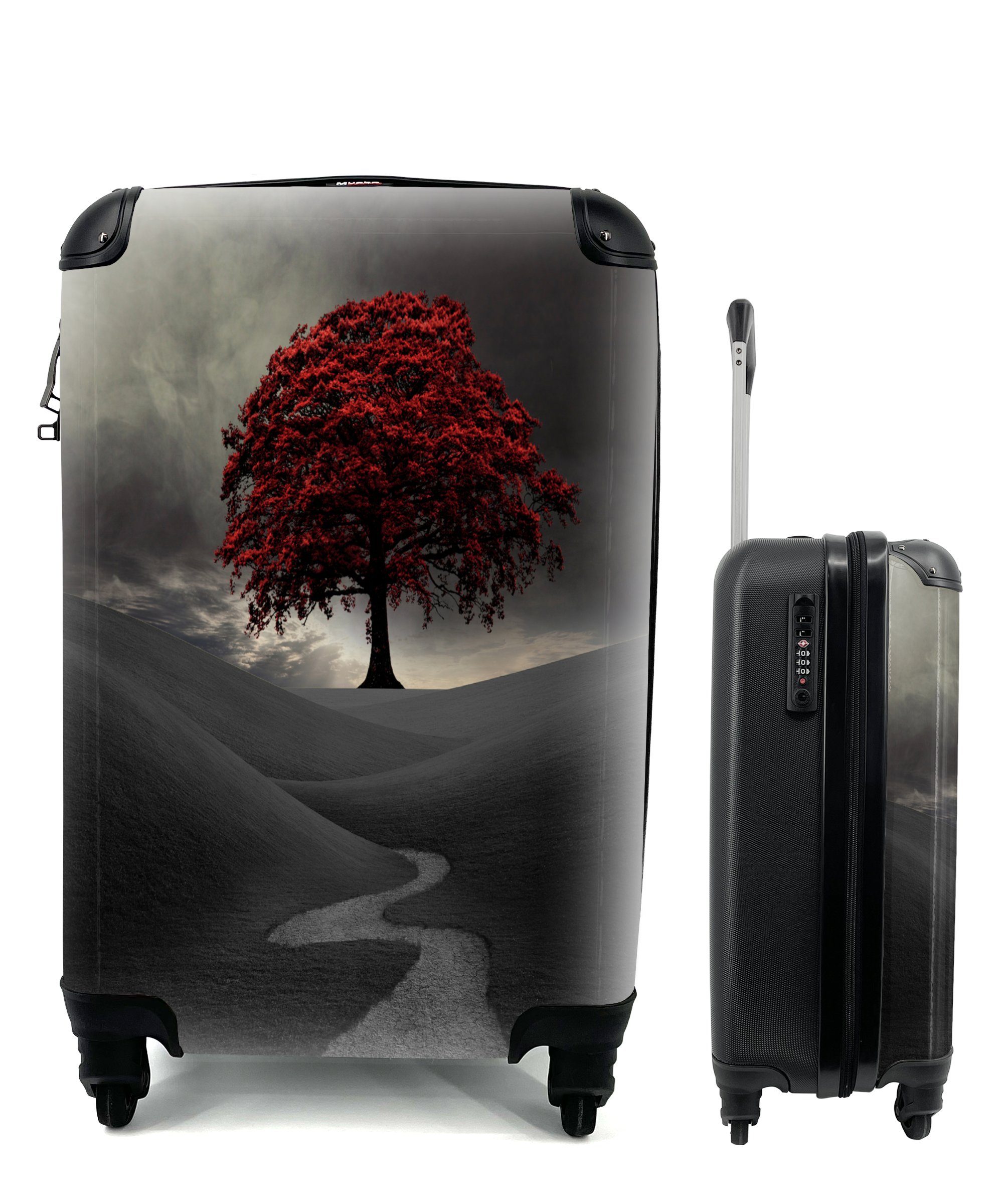 MuchoWow Handgepäckkoffer Ein Schwarz-Weiß-Foto mit einem großen roten Baum, 4 Rollen, Reisetasche mit rollen, Handgepäck für Ferien, Trolley, Reisekoffer