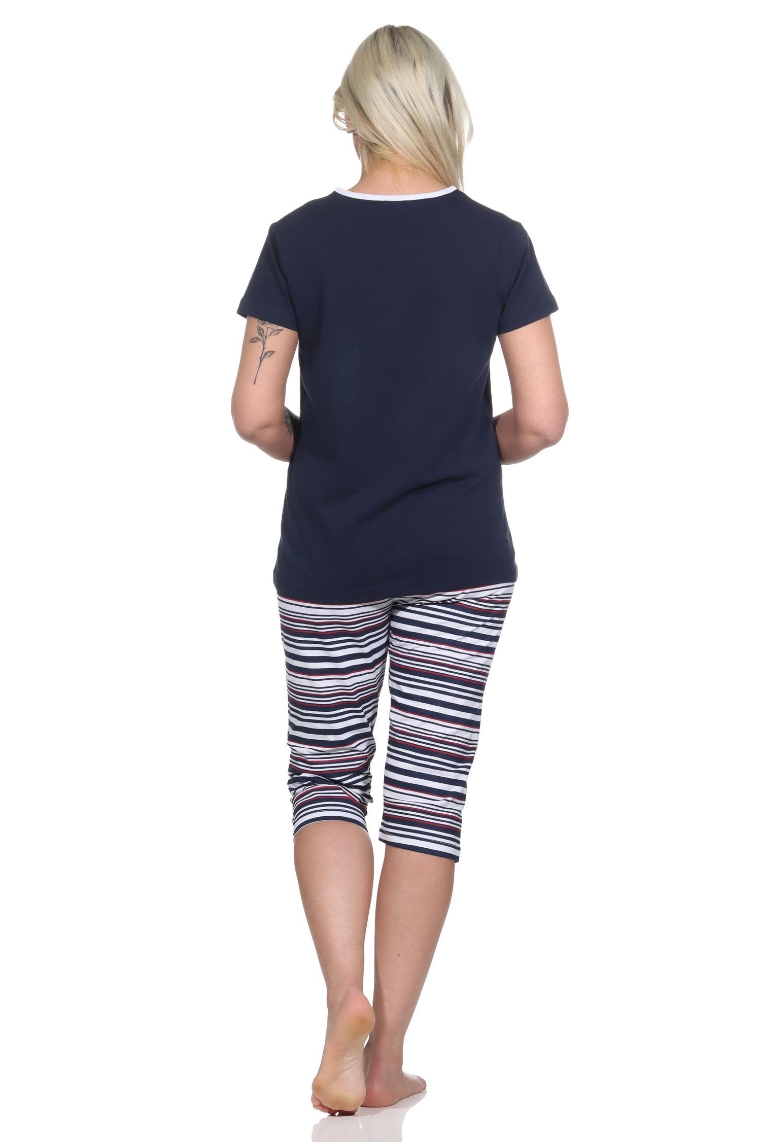 Capri Pyjama Damen mit navy und Anker-Motiv Ringeln Normann kurzarm Pyjama Schlafanzug