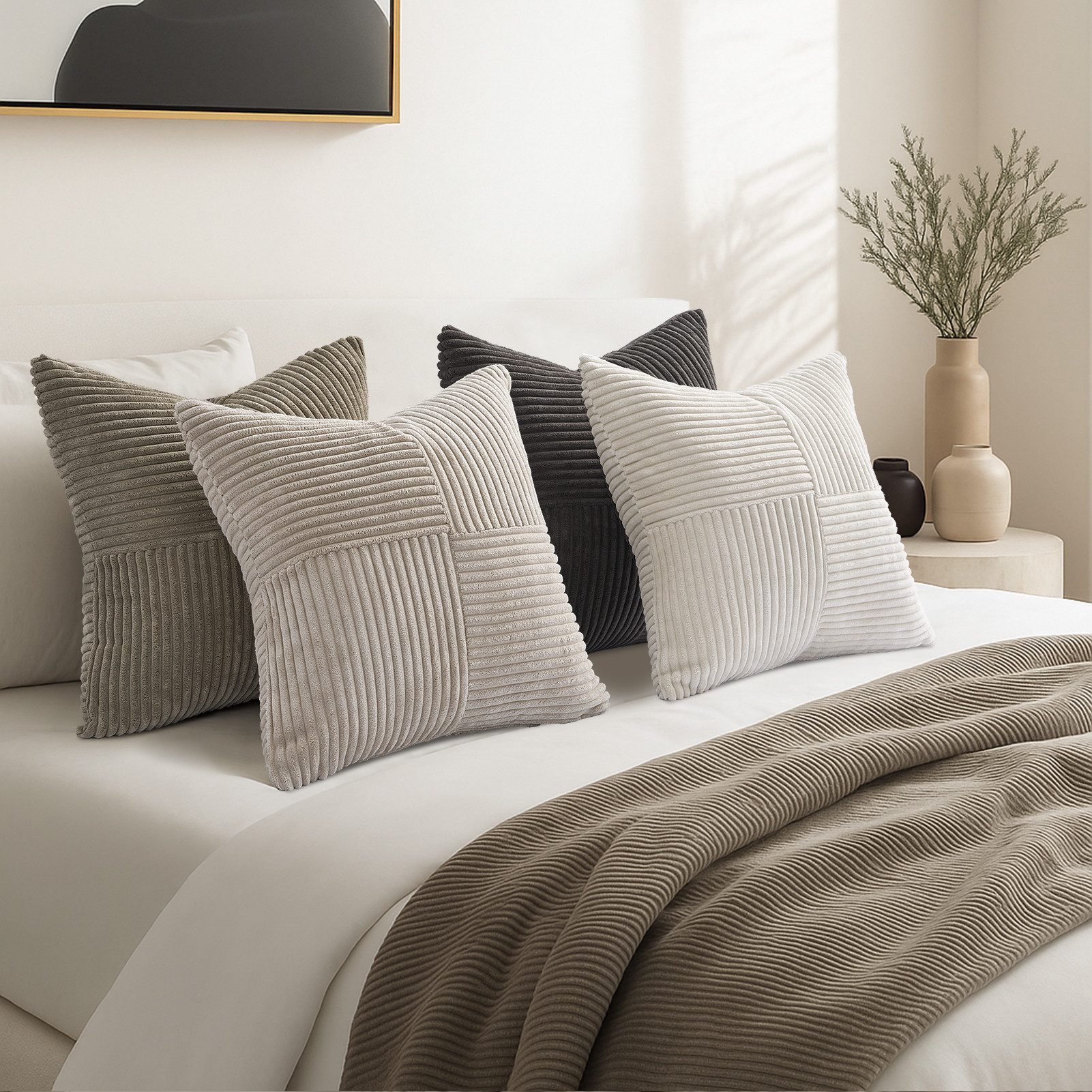 Topfinel Kissenbezug 40x40 4er set Kissenbezüge 50x50 Kordsamt mit Streifen deko Sofa, kissenbezug Natür Farbverlauf Schlafzimmer Weich Hautfreundlich